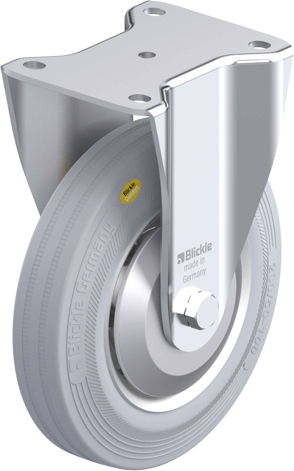 Grauer, industrieller Schwenk-Rollenhalter mit robustem Reifen, befestigungsfertig auf Metallplatte.