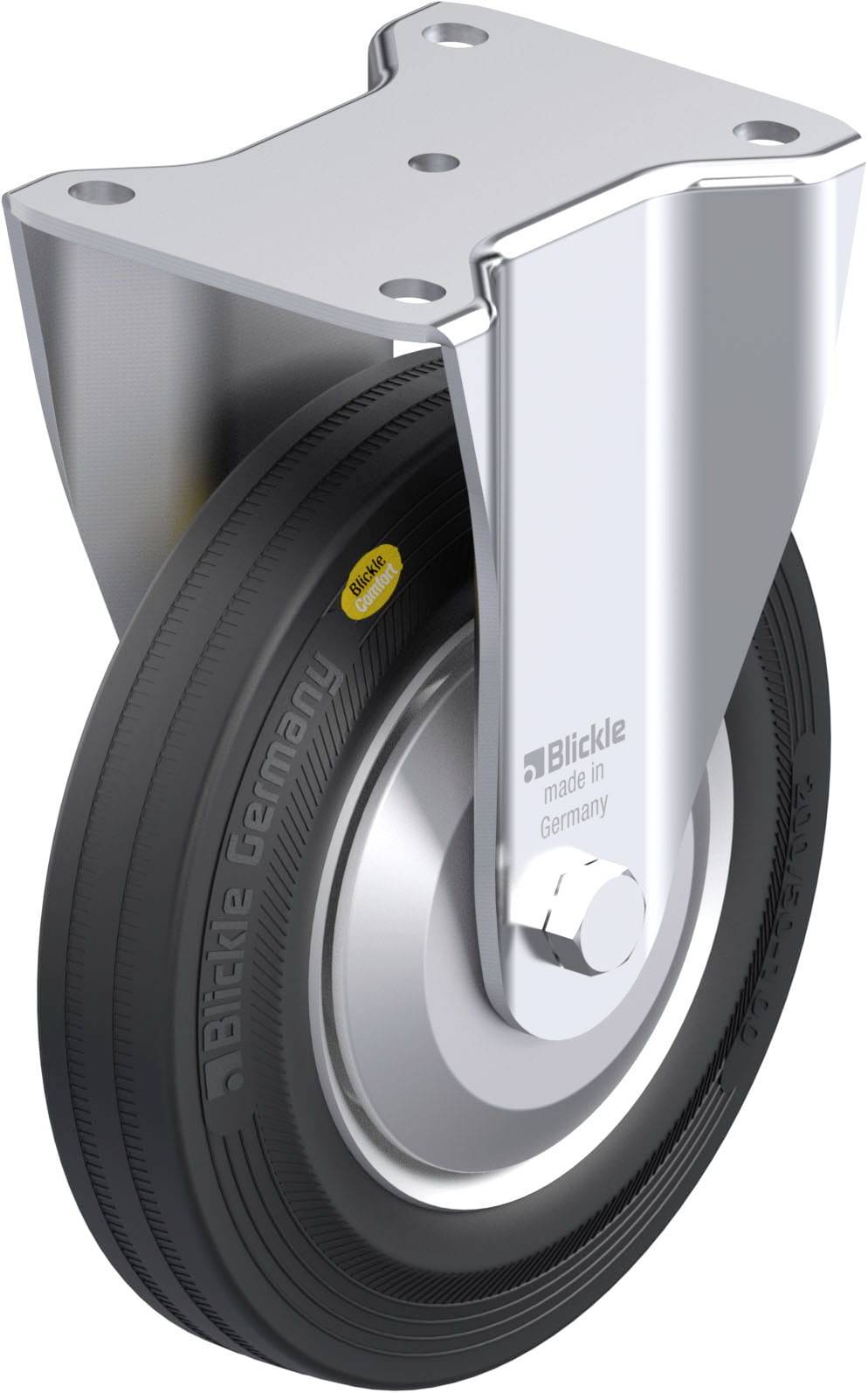 Schwenkrolle aus Metall mit schwarzem Rad. Rad trägt Aufschrift 'Blickle Germany'. Hochwertiges Design, robust für den industriellen Einsatz.