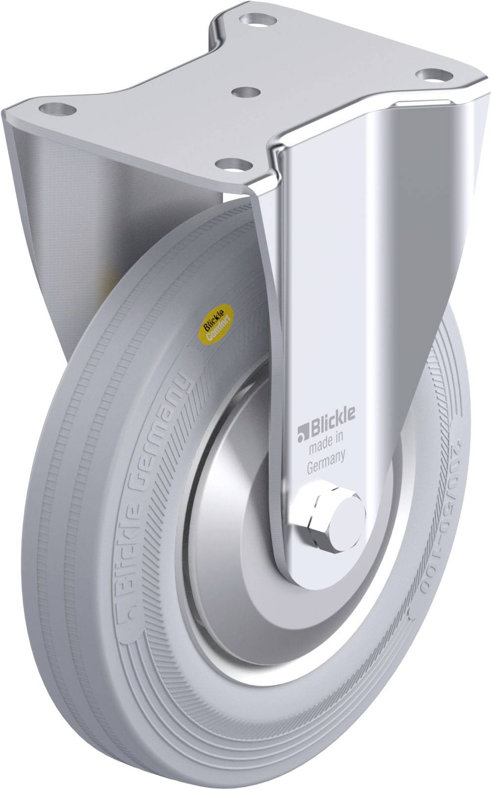 Schwenkrolle mit grauem Rad und Metallgehäuse, hergestellt in Deutschland. Markenname 'Blickle'.