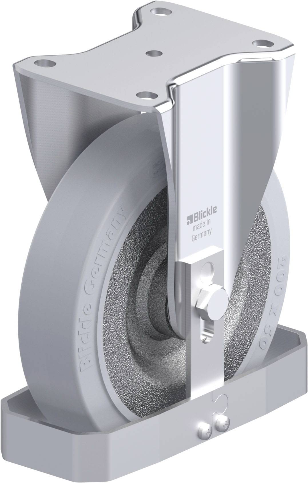 Industrie-Schwenkrolle mit grauem Rad und festem Gehäuse. Geeignet für schwere Lasten und industrielle Anwendungen.