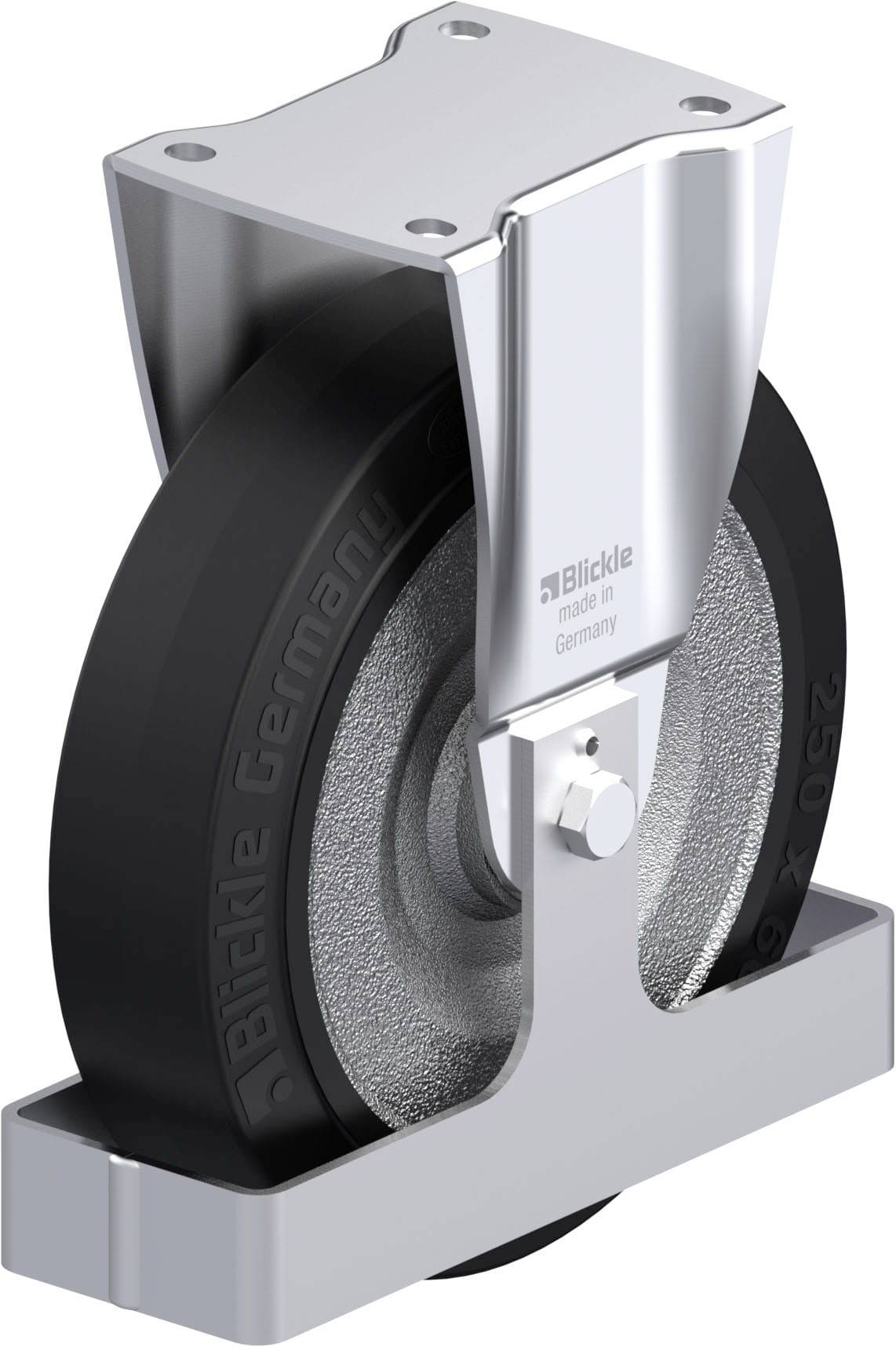 Industrie-Rad aus Metall und schwarzem Gummi mit Metallhalterung, seitlich abgebildet. Es trägt die Aufschrift 'Blickle'.