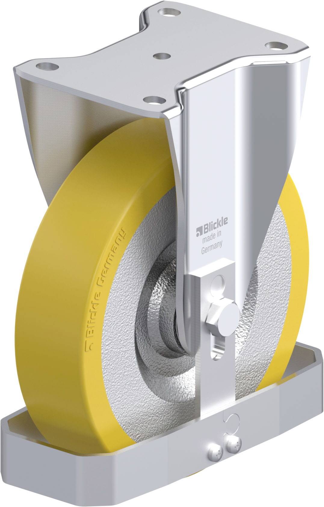 Ein gelbes Schwerlast-Lenkrolle mit Metallgehäuse und Feststellern, geeignet für industrielle Anwendungen und Transportgeräte.