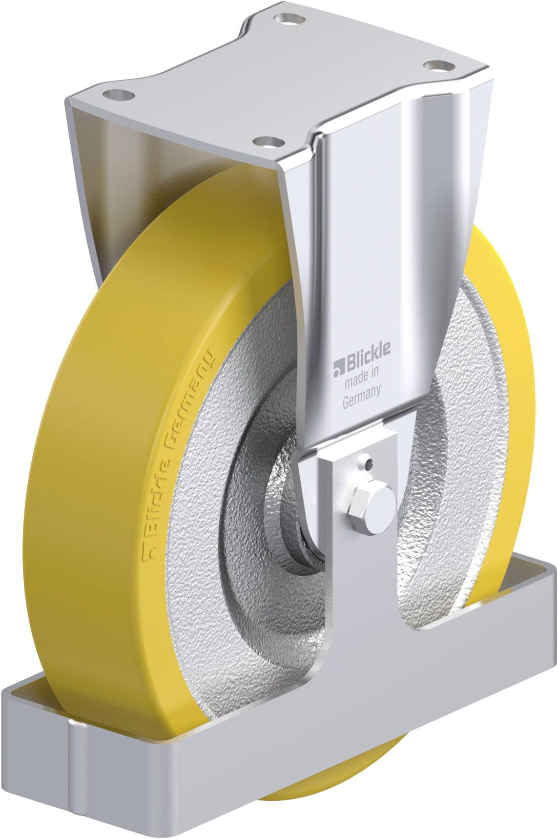 Industrierolle mit gelbem Rad und silbernem Gehäuse, seitlich platziert. Auf dem Gehäuse steht 'Blickle made in Germany'.