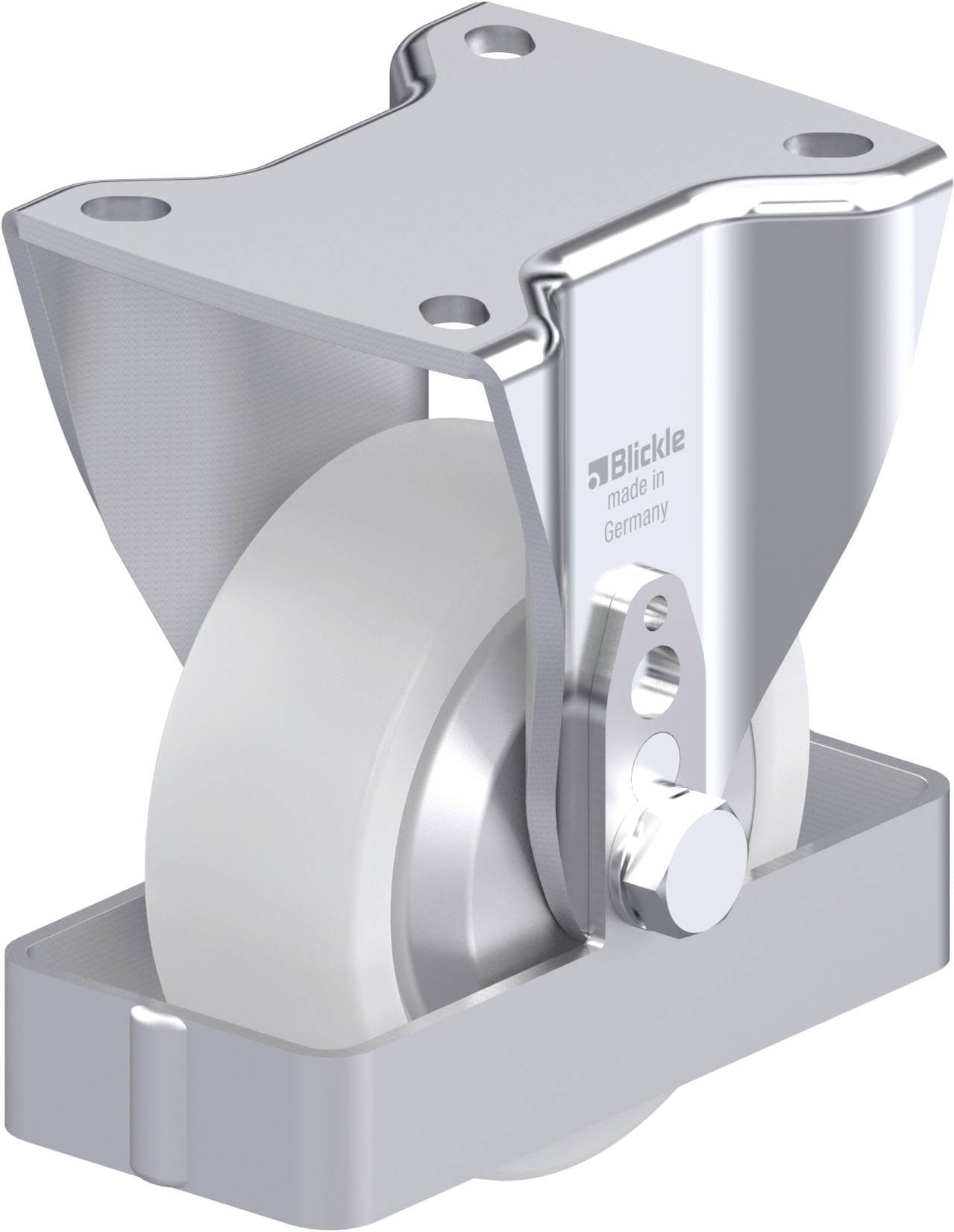 Schwenkrolle mit Metallgehäuse und weißem Rad, geeignet für industrielle Anwendungen. Produkt von 'Blickle, made in Germany'.