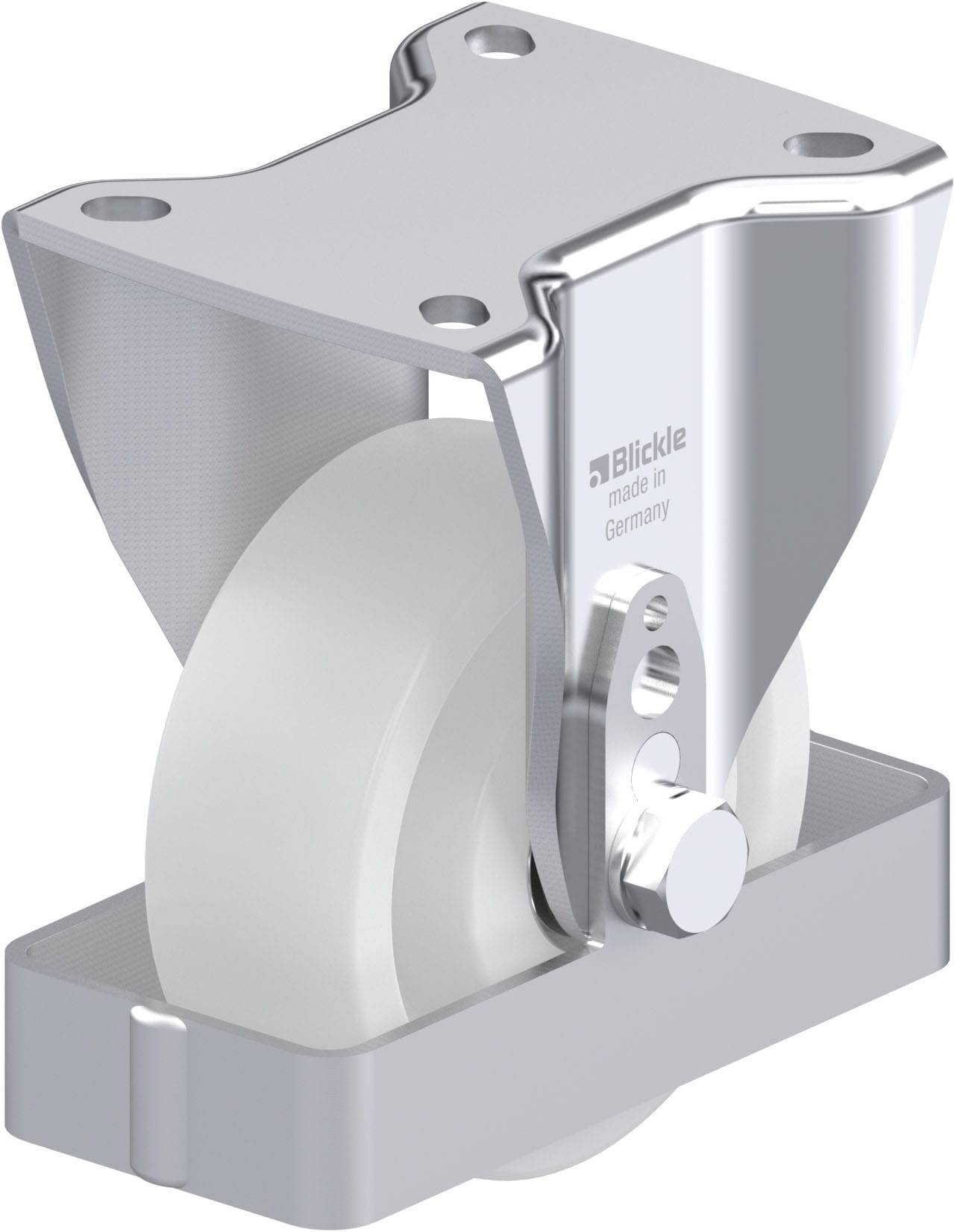 Schwenkrolle aus Metall mit weißem Rad und Befestigungsplatte. Geeignet für schwere Lasten. Herstellung in Deutschland.