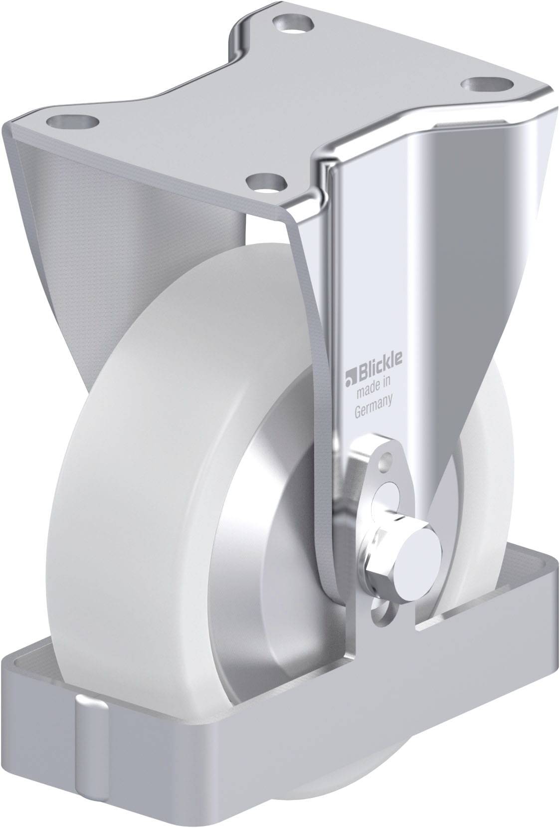 Industrie-Rollenrad aus Metall und Kunststoff. Silbergrauer Metallrahmen mit weißen Kunststoffrad. Geeignet für schwere Lasten.