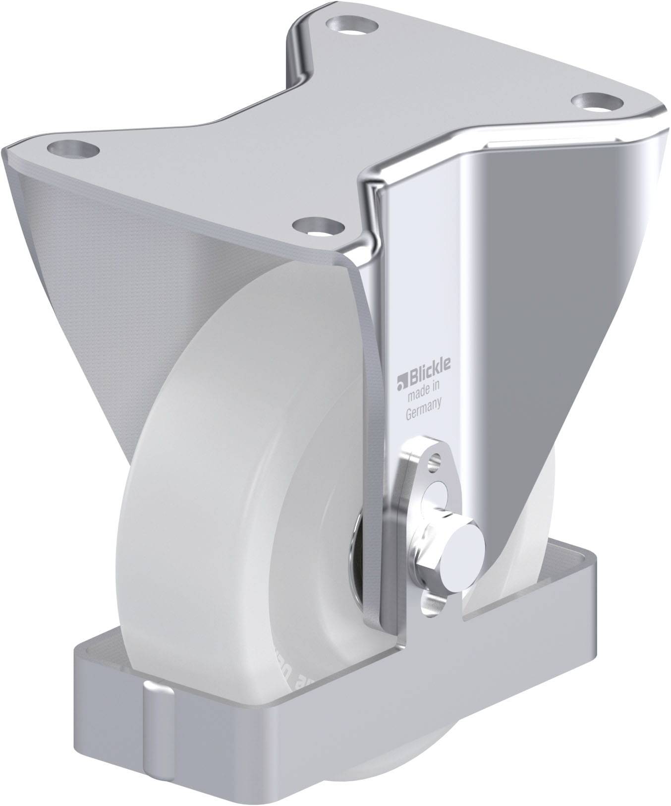 Industrie-Transportrolle aus Metall mit weißem Rad, geeignet für schwere Lasten. Robust und für industrielle Anwendungen konzipiert.