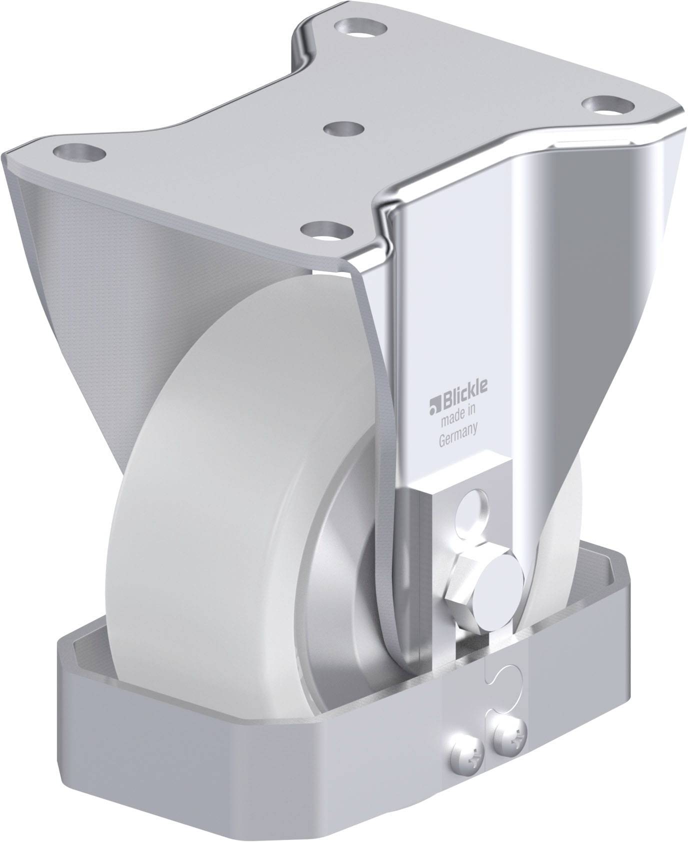 Industrielles Schwerlastrolle aus Metall und Kunststoff, verwendbar für Transportwagen. Hergestellt in Deutschland.