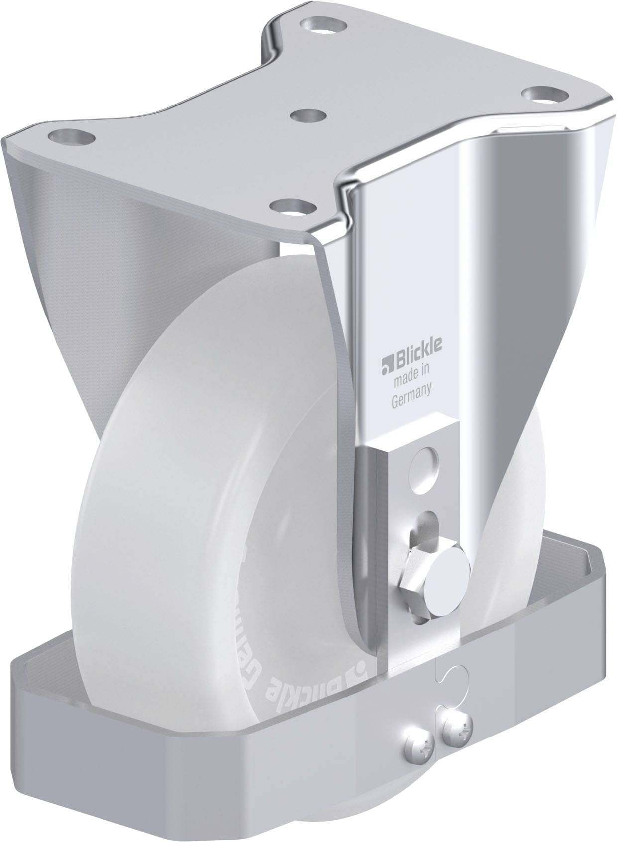 Bild eines weißen Laufrollenrades mit Metallhalterung, hergestellt in Deutschland. Text 'Blickle' und 'made in Germany' auf der Halterung.