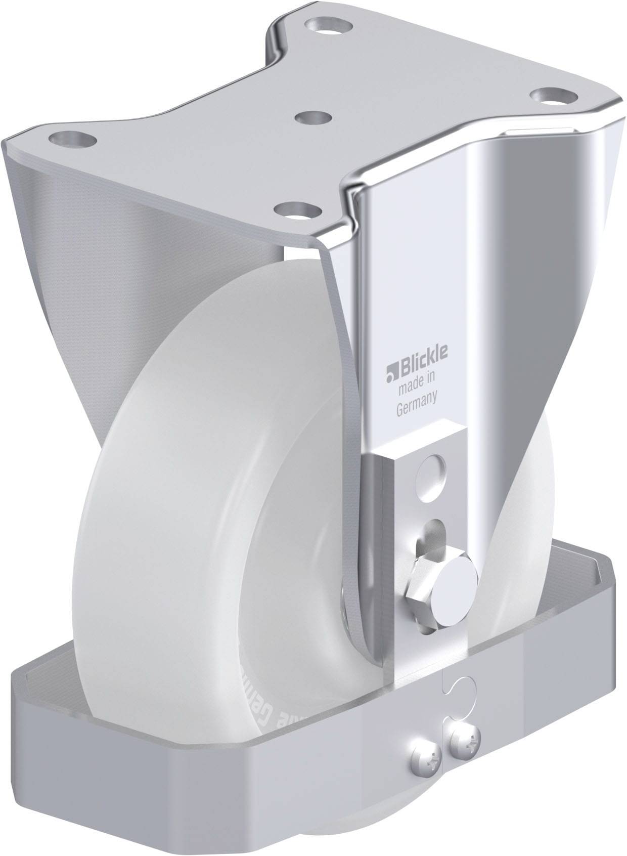 Schwenkrolle mit robustem, silbernem Metallgehäuse und weißem Kunststoffrad. Geeignet für schwere Lasten; stabil und langlebig.