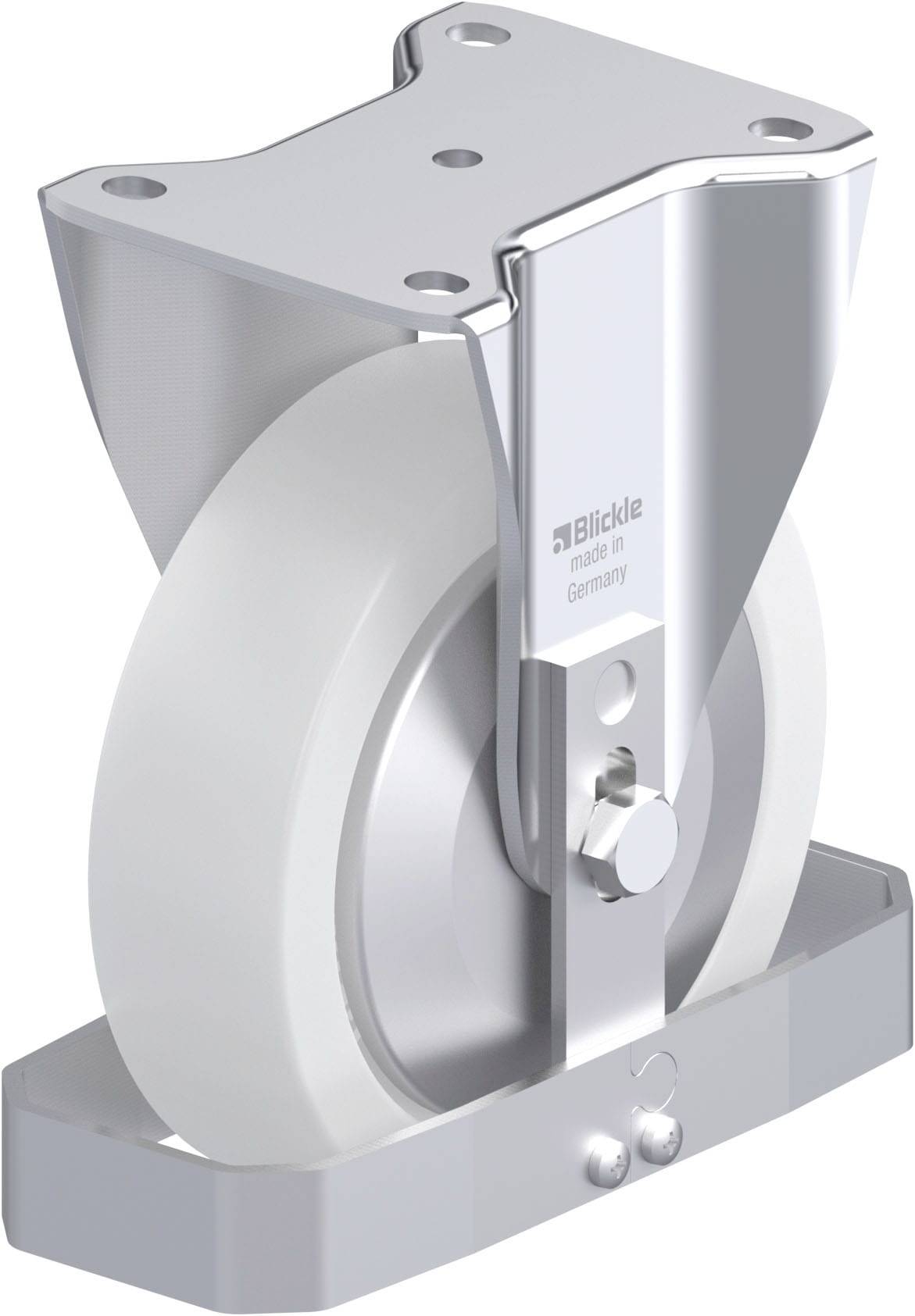 Das Bild zeigt eine silberne Rolle mit weißem Rad, hergestellt von 'Blickle' in Deutschland. Sie ist robust gestaltet für industrielle Anwendungen.