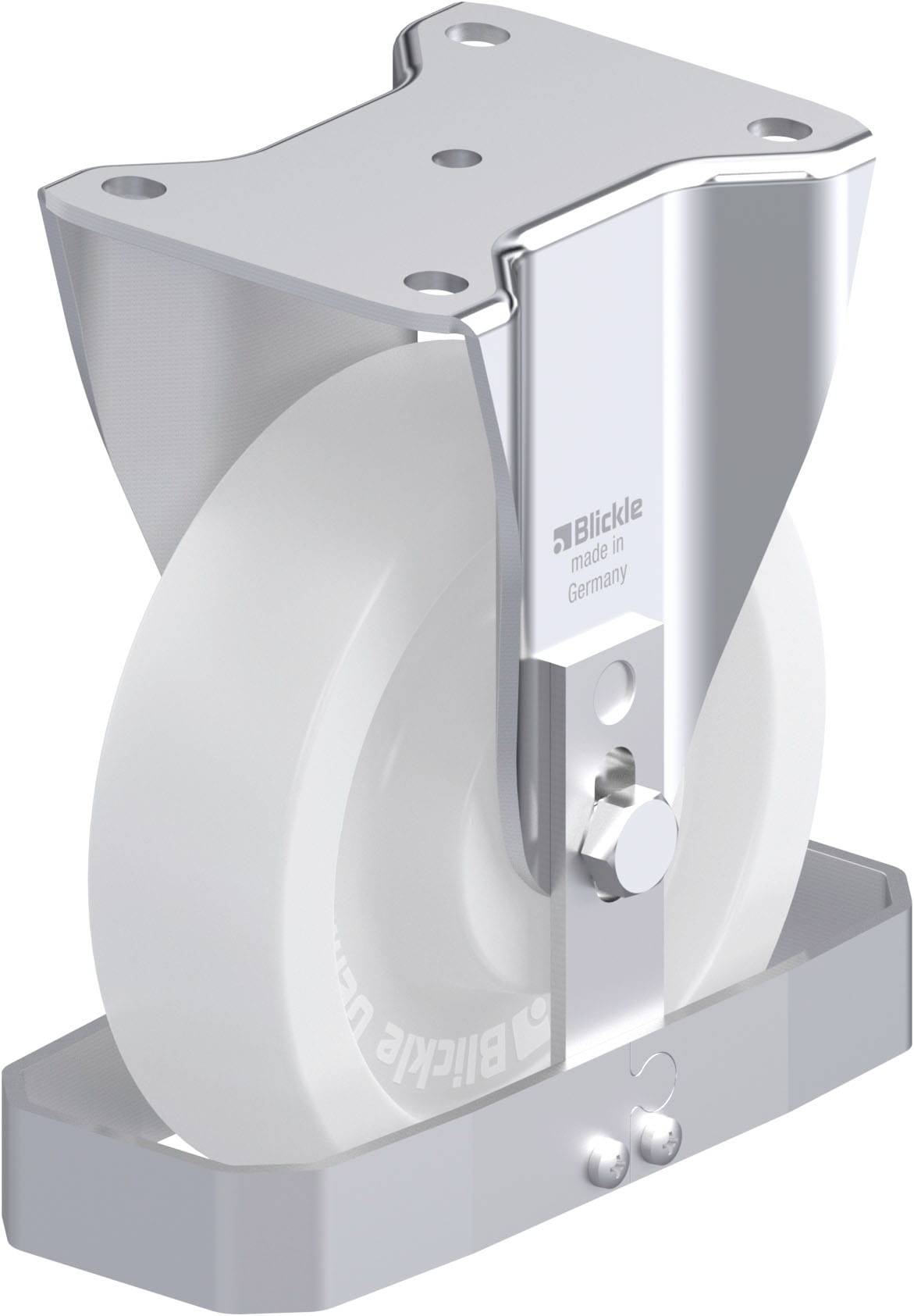 Industrielles Lenkrollenrad mit weißem Reifen, montiert in einem glänzenden Metallrahmen. Geeignet für schwere Lasten und Maschinenbewegung.