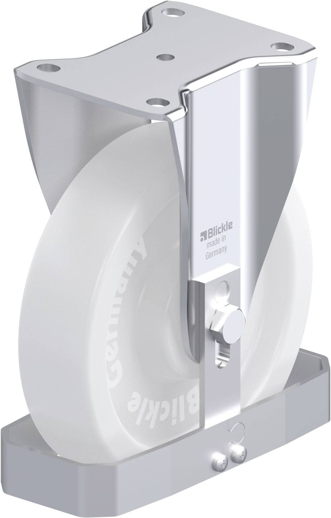 Ein silbernes Schwerlastschwenkrollen-Gehäuse mit weißem Rad von 'Blickle'. Geeignet für industrielle Anwendungen.