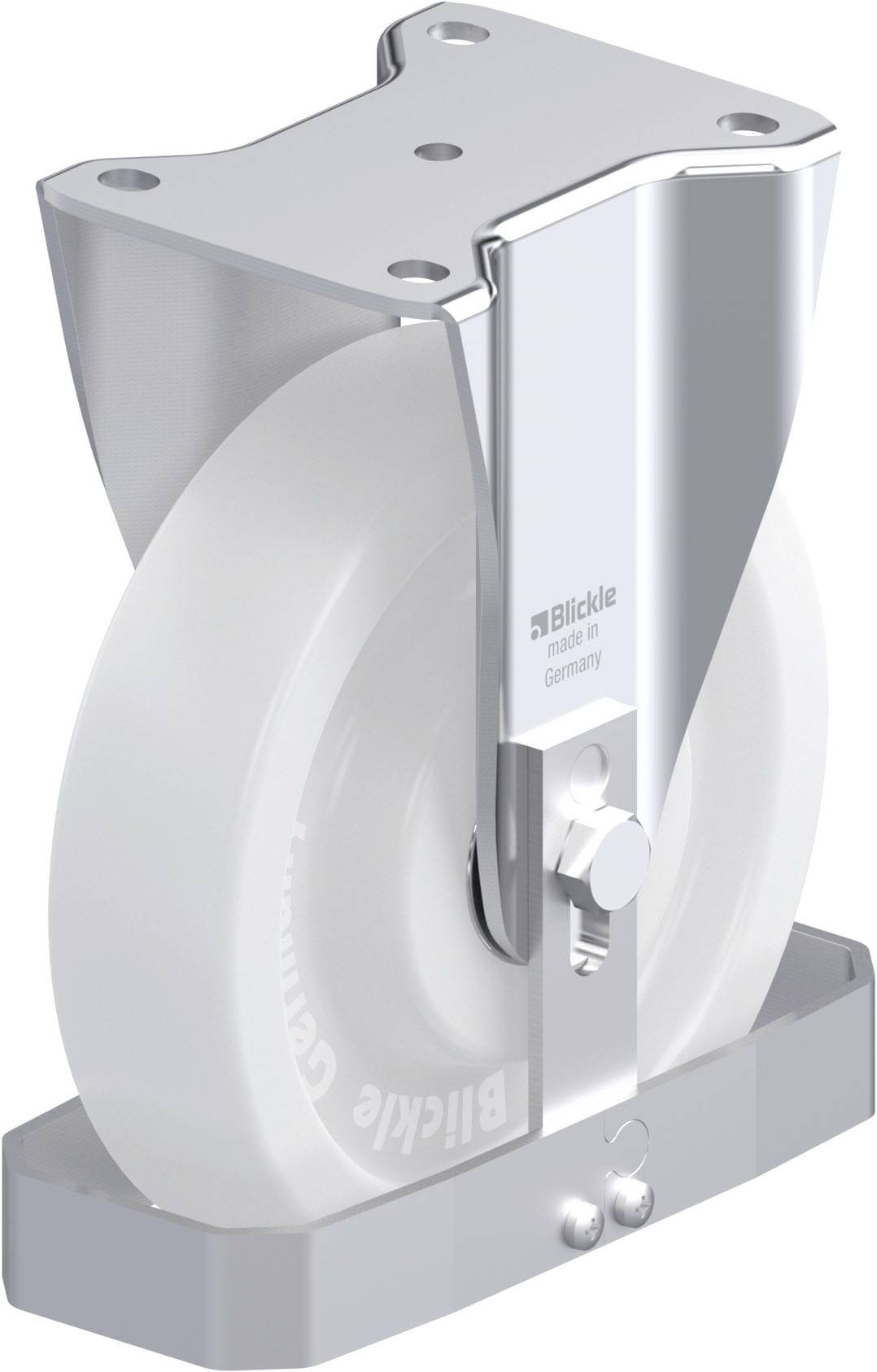 Industrie-Lenkrolle aus Metall mit weißem Rad und Befestigungsplatte.