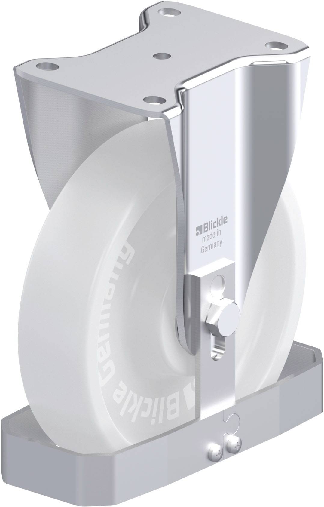 Ein silbernes Gehäuse aus Metall mit einer weißen Rolle. Die Aufschrift 'Blickle' und 'Germany' sind auf der Seite der Rolle zu sehen.