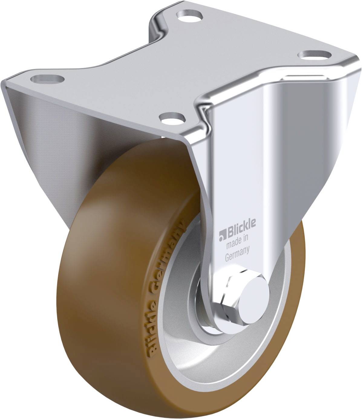 Schwenkrolle mit braunem Rad, silbernem Metallgehäuse und Lochplattenbefestigung. Aufdruck: 'Blickle made in Germany'.