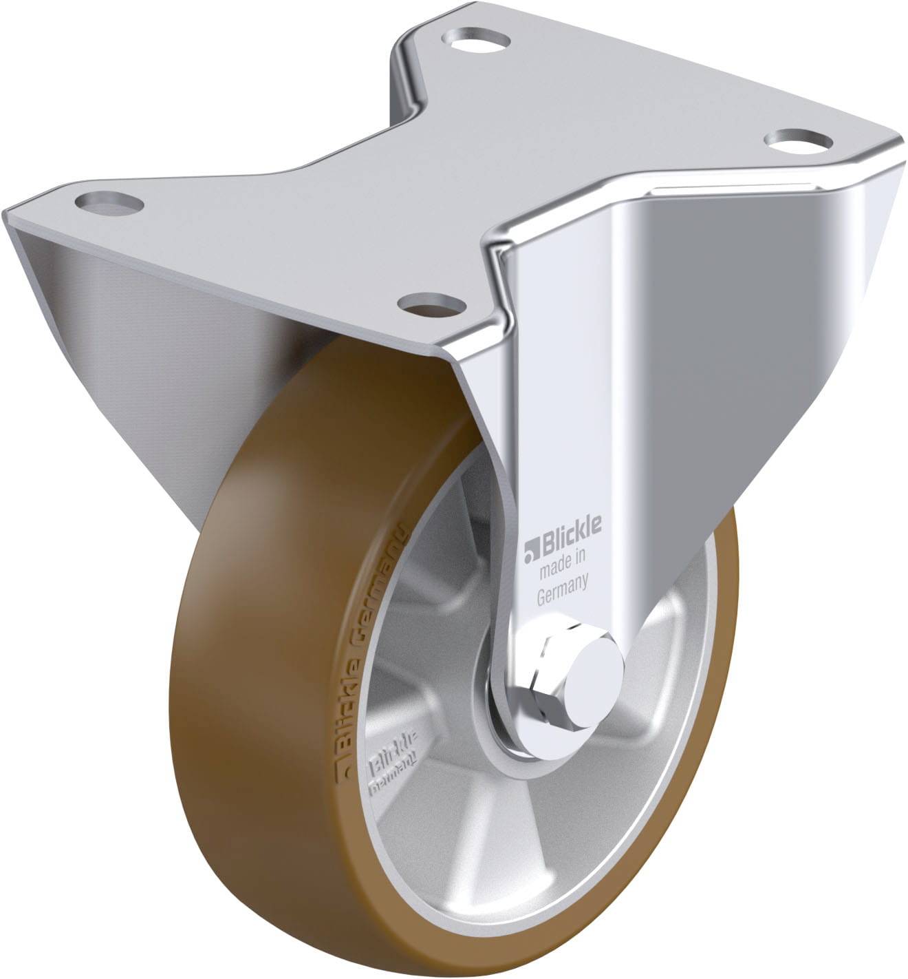 Metall-Rollenhalterung mit braunem Rad. Auf der Halterung steht 'Blickle made in Germany'.
