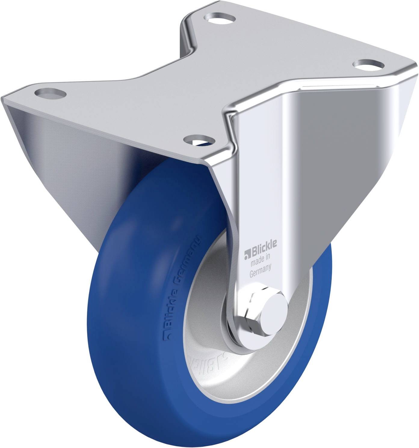 Metallrolle mit blauer Gummilauffläche und Halterung. Eignet sich für den industriellen Einsatz bei Transportgeräten.