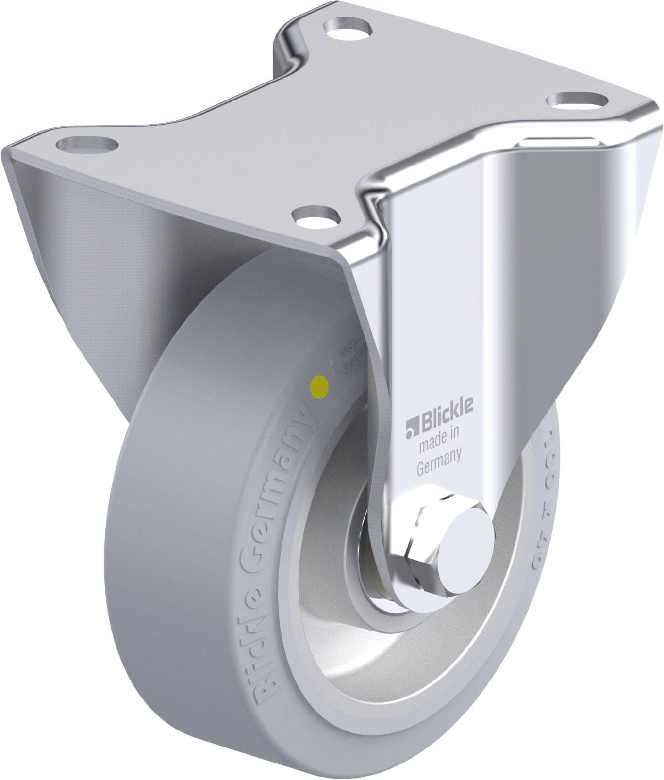 Industrie-Rollenrad aus Metall und Gummi. Aufschrift: 'Blickle made in Germany'. Robustes Design für schwere Lasten.