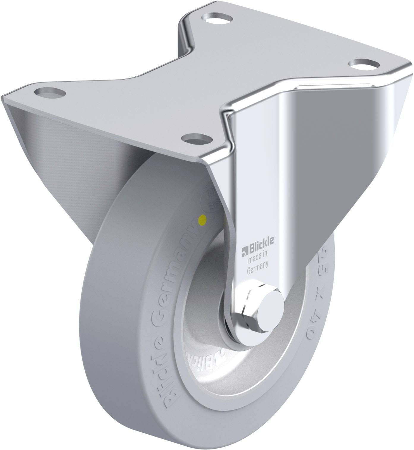 Industrielle Lenkrolle aus Metall mit grauem Rad, montierbar an Maschinen oder Möbeln für leichte Bewegung und Transport.