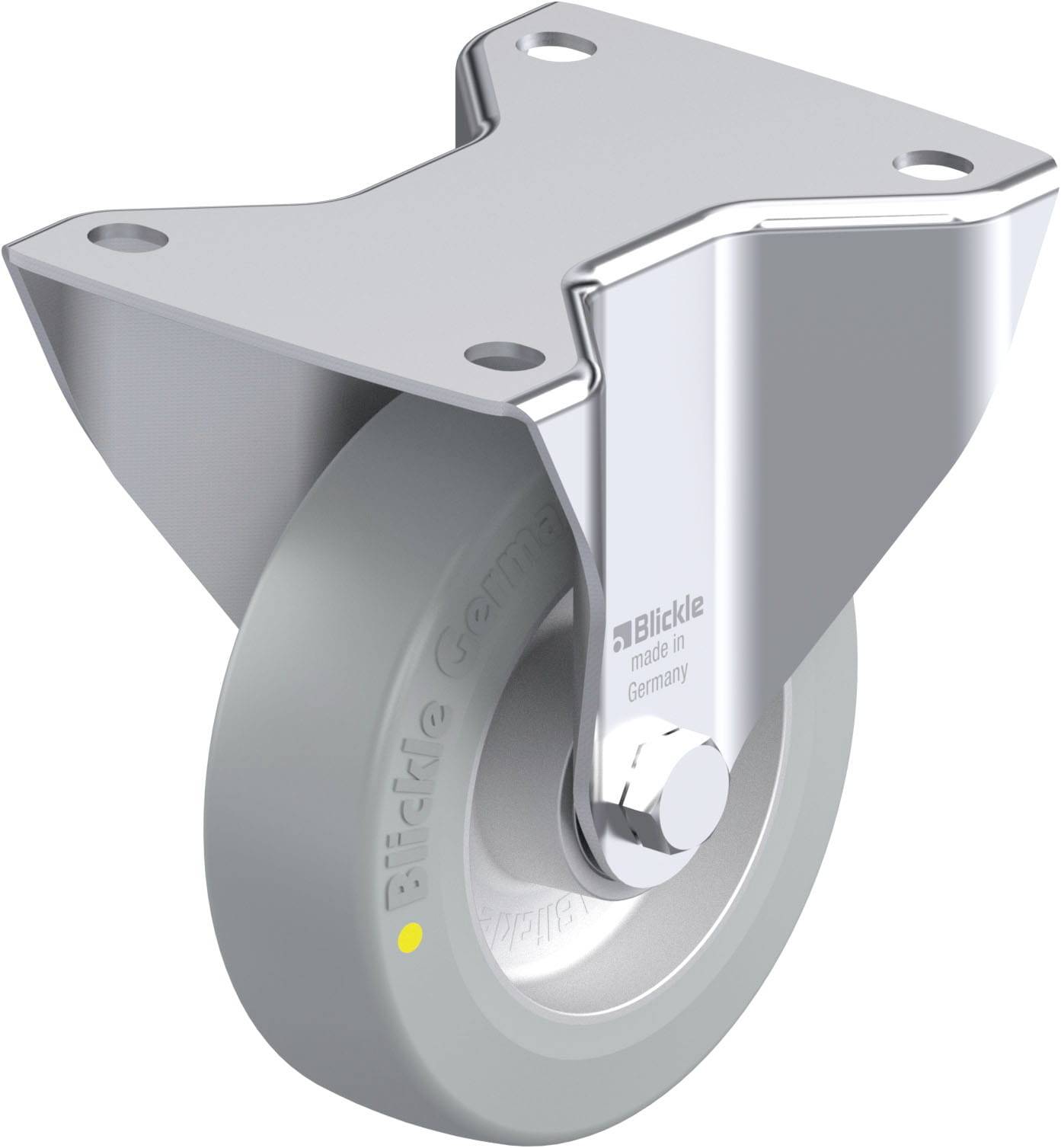 Industrie-Rollenhalterung aus Metall mit grauem Rad, hergestellt von Blickle in Deutschland. Geeignet für schwere Lasten und industrielle Anwendungen.
