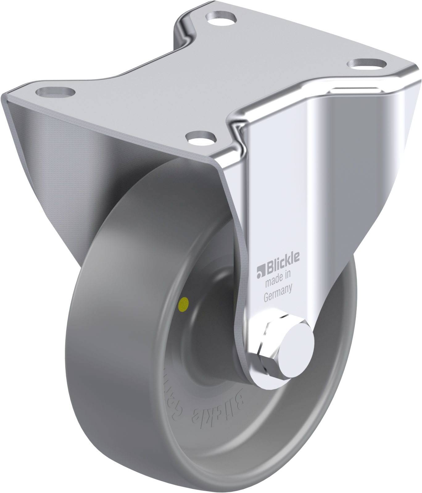 Schwenkrolle aus Metall mit grauem Rad und Befestigungsplatte, hergestellt von Blickle in Deutschland.