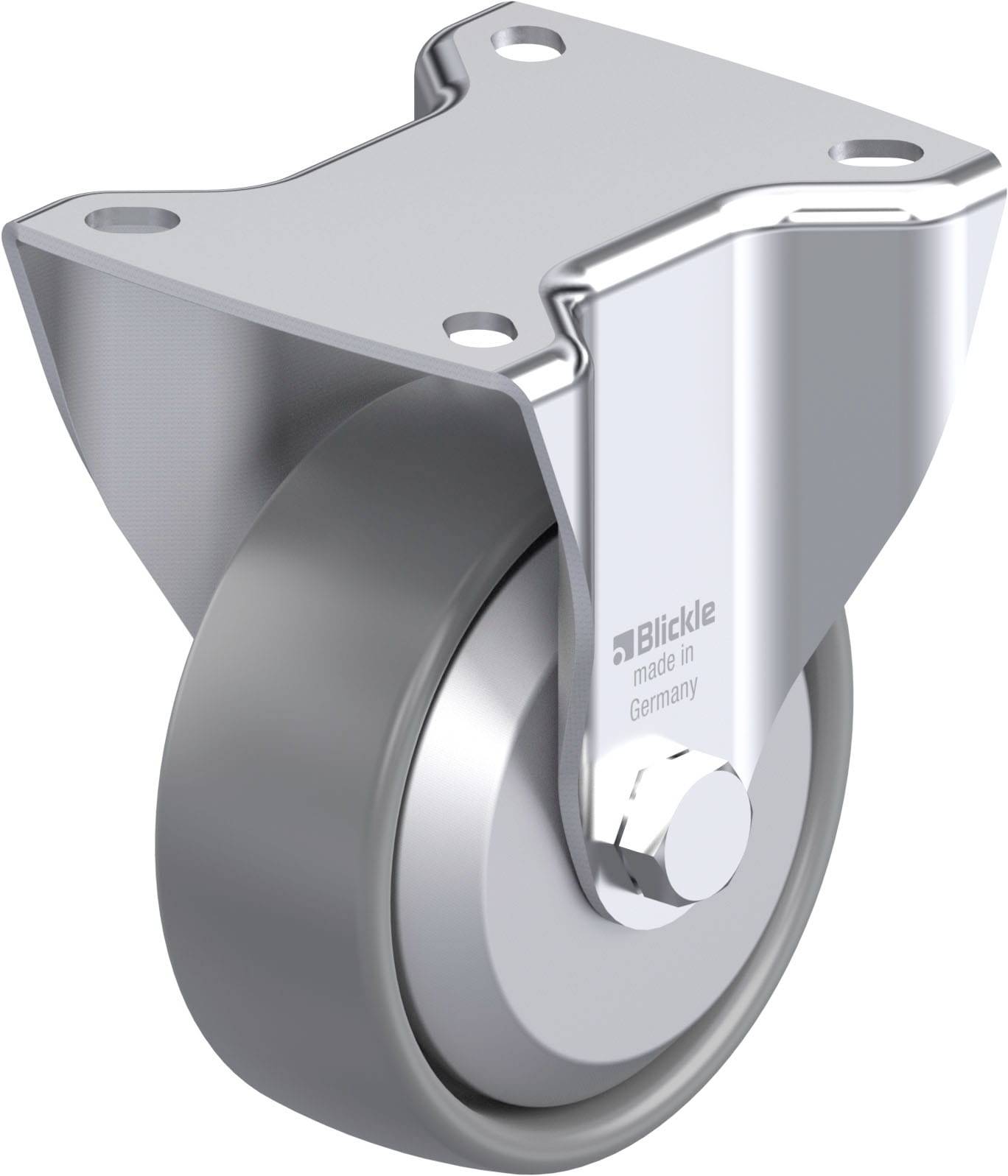Schwenkrolle aus Metall mit grauem Rad. Aufschrift 'Blickle made in Germany' auf der Halterung. Verwendet für Möbel oder Transportgeräte.