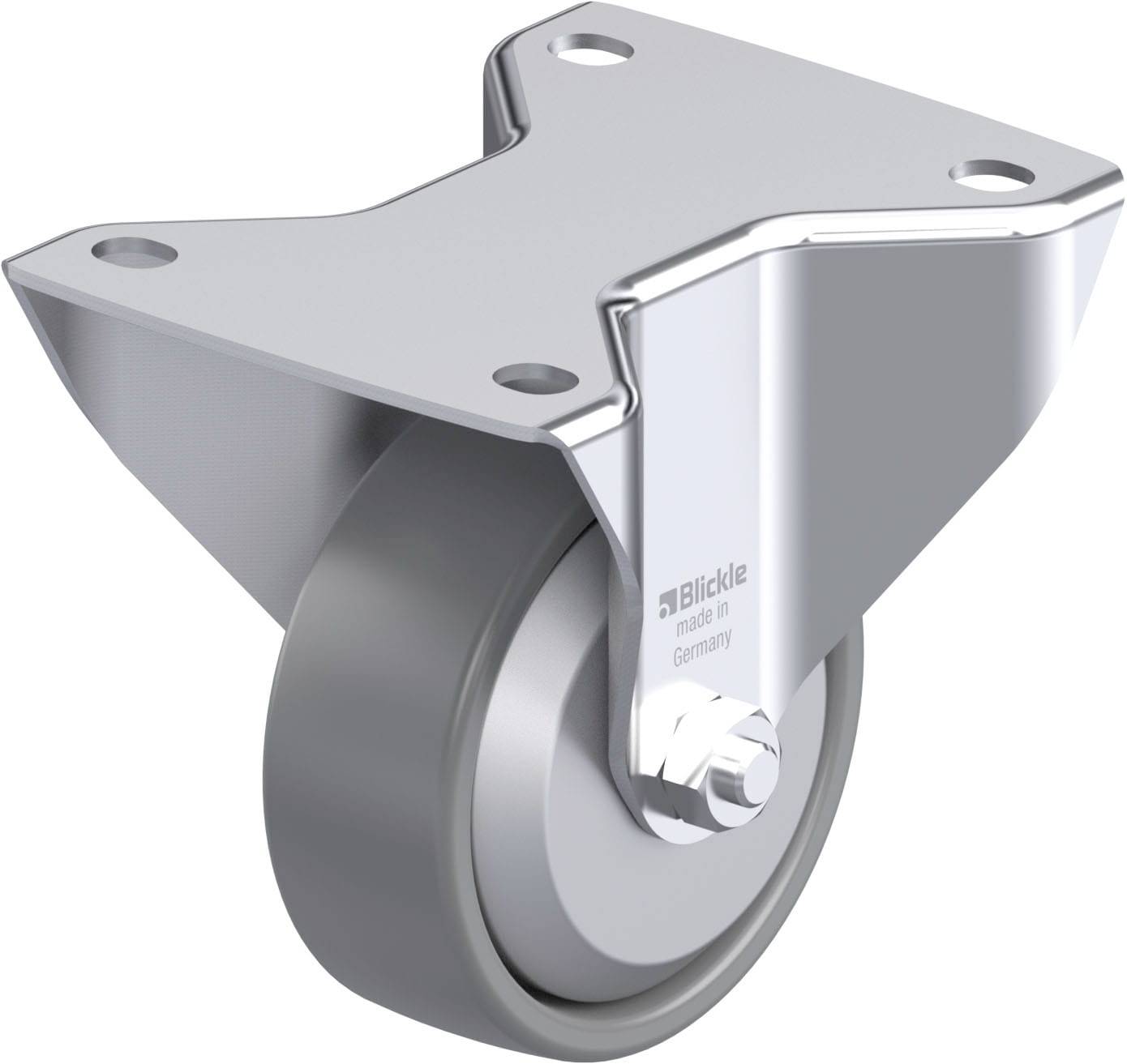 Lenkrolle aus Metall mit grauem Rad und Montageplatte.