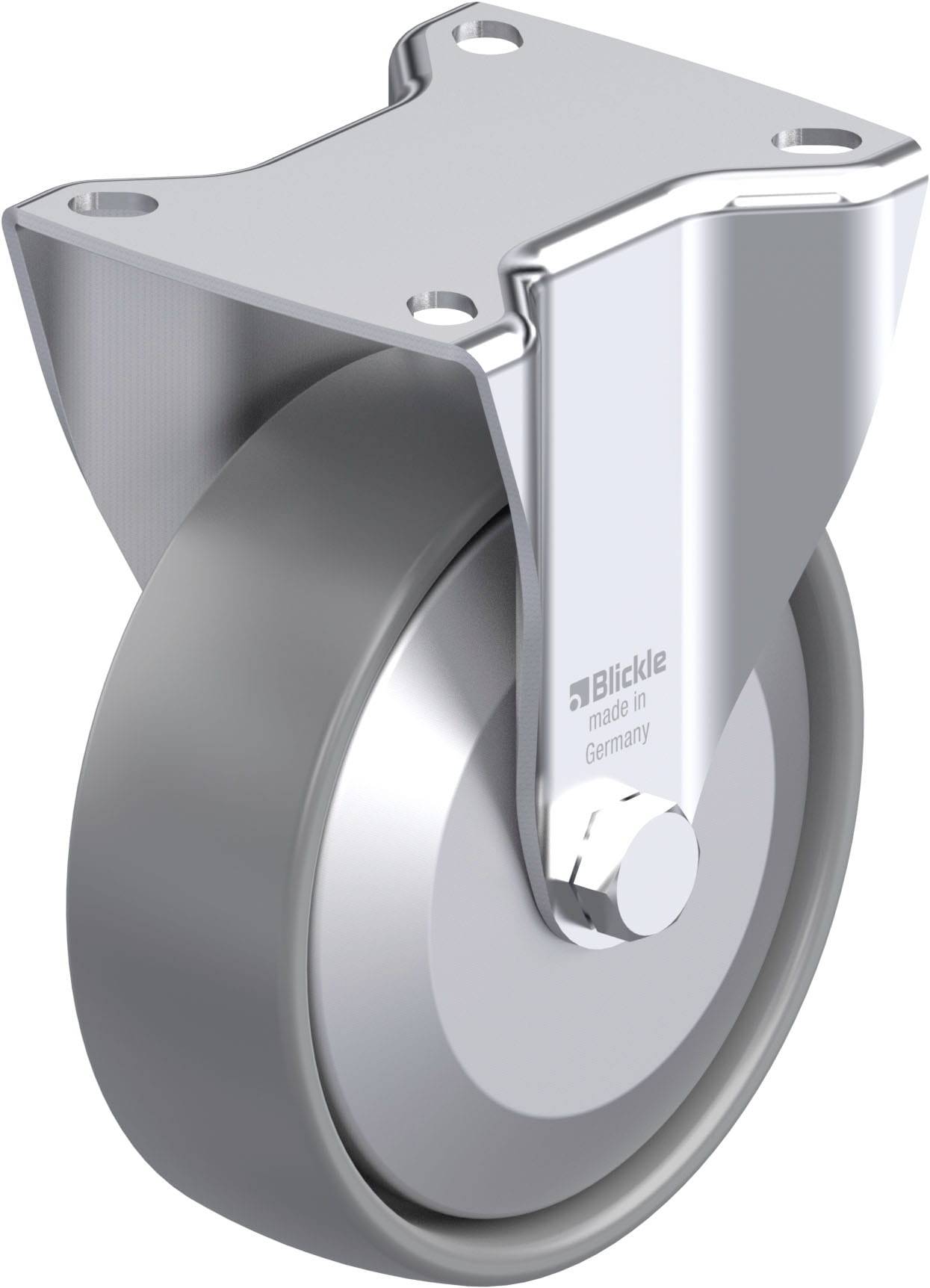 Eine robuste, silberne Industrierolle mit Metallgehäuse und Befestigungsplatte, geeignet für den Transport schwerer Lasten.