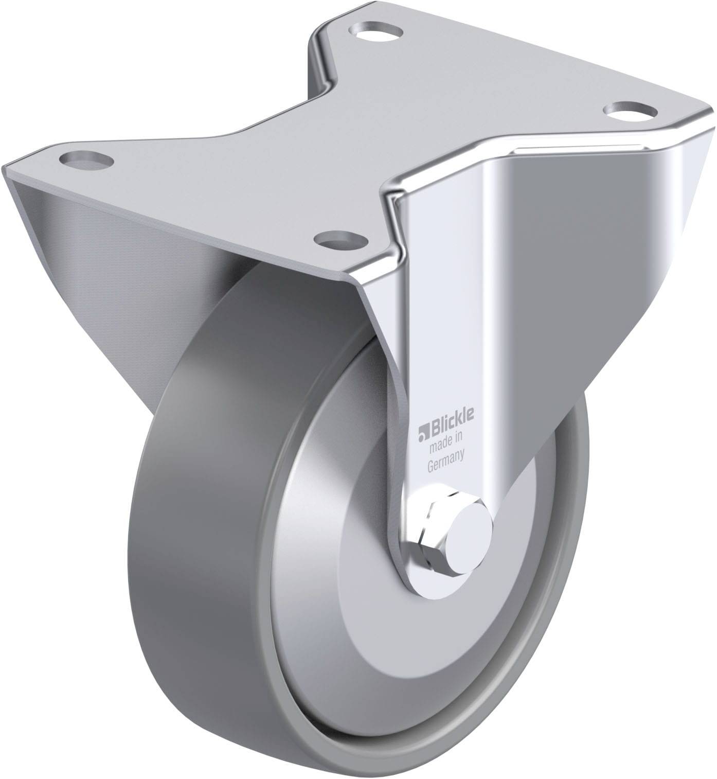 Ein silbernes Schwenk- und Lenkrad aus Metall mit feststellbarer Bremse, geeignet für den industriellen Einsatz.