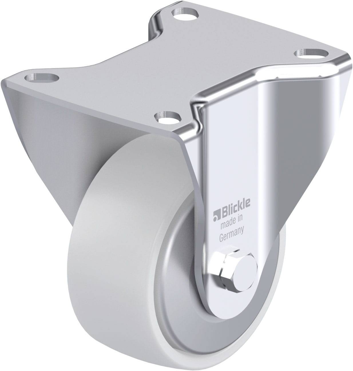 Drehbare Lenkrolle aus Metall mit weißem Rad, geeignet für den Einsatz an Möbeln oder Transportgeräten. Hergestellt in Deutschland.