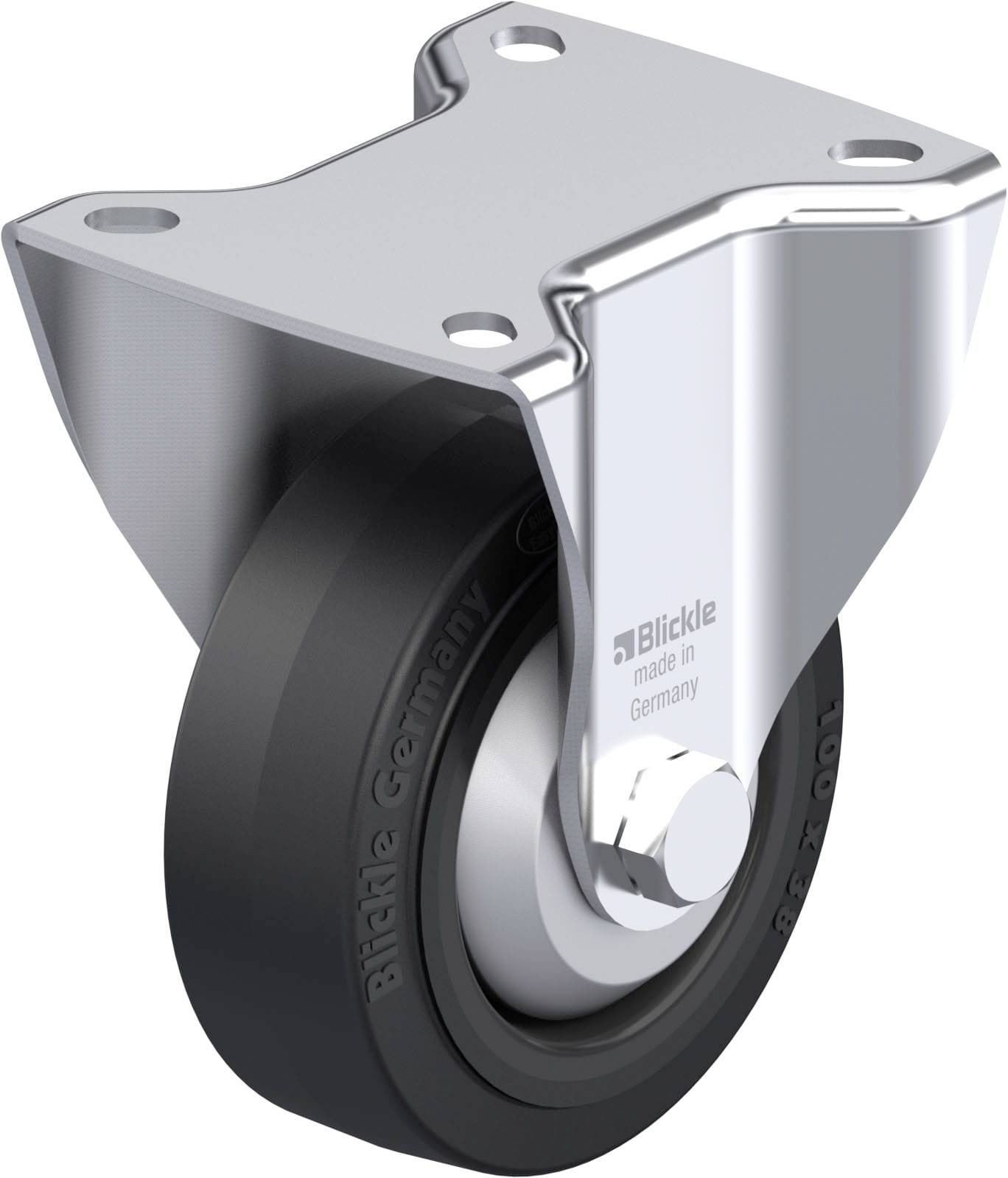 Rolle aus Metall mit schwarzem Rad und Aufhängung. Markenname 'Blickle', Produziert in Deutschland, ersichtlich auf der Radseite.
