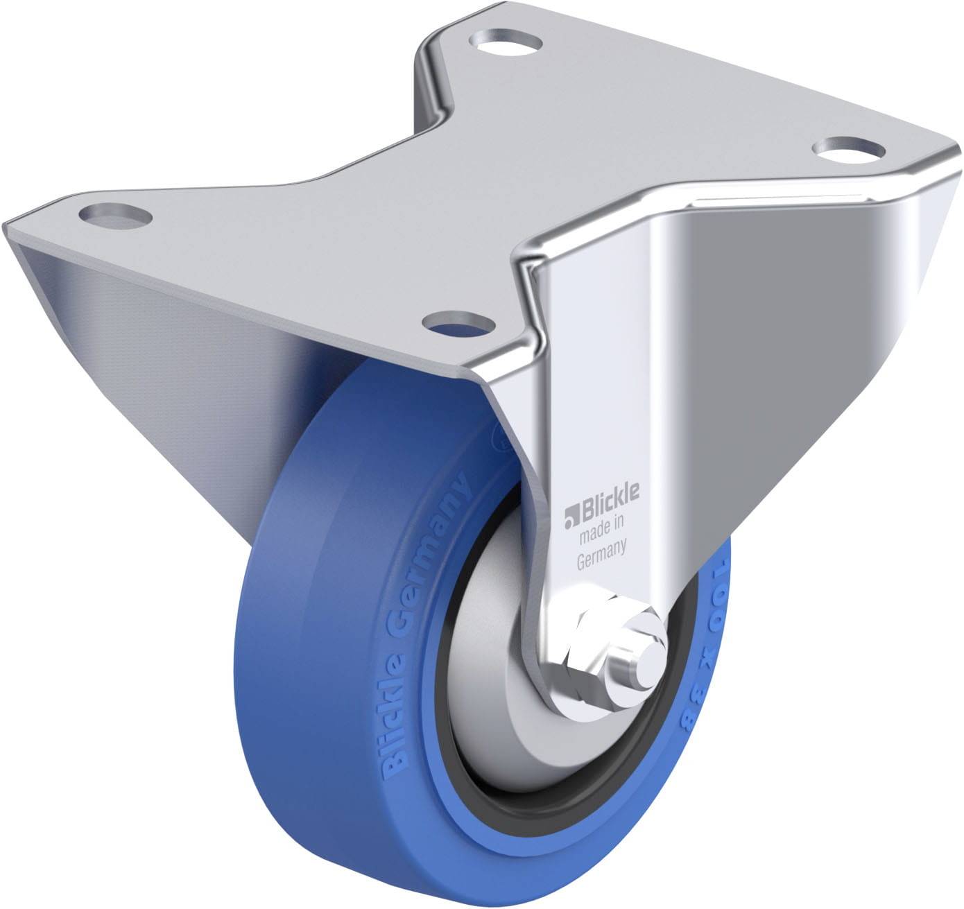 Ein blaues Rollrad mit festem Metallgehäuse, geeignet für industrielle Anwendungen, mit der Aufschrift 'Blickle Germany'.