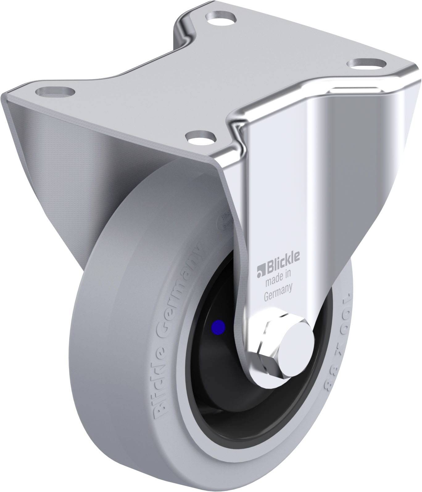 Grau-silberne Lenkrolle mit Metallgehäuse und Kunststoffrad, Beschriftung 'Blickle made in Germany'. Geeignet für industrielle Anwendungen.