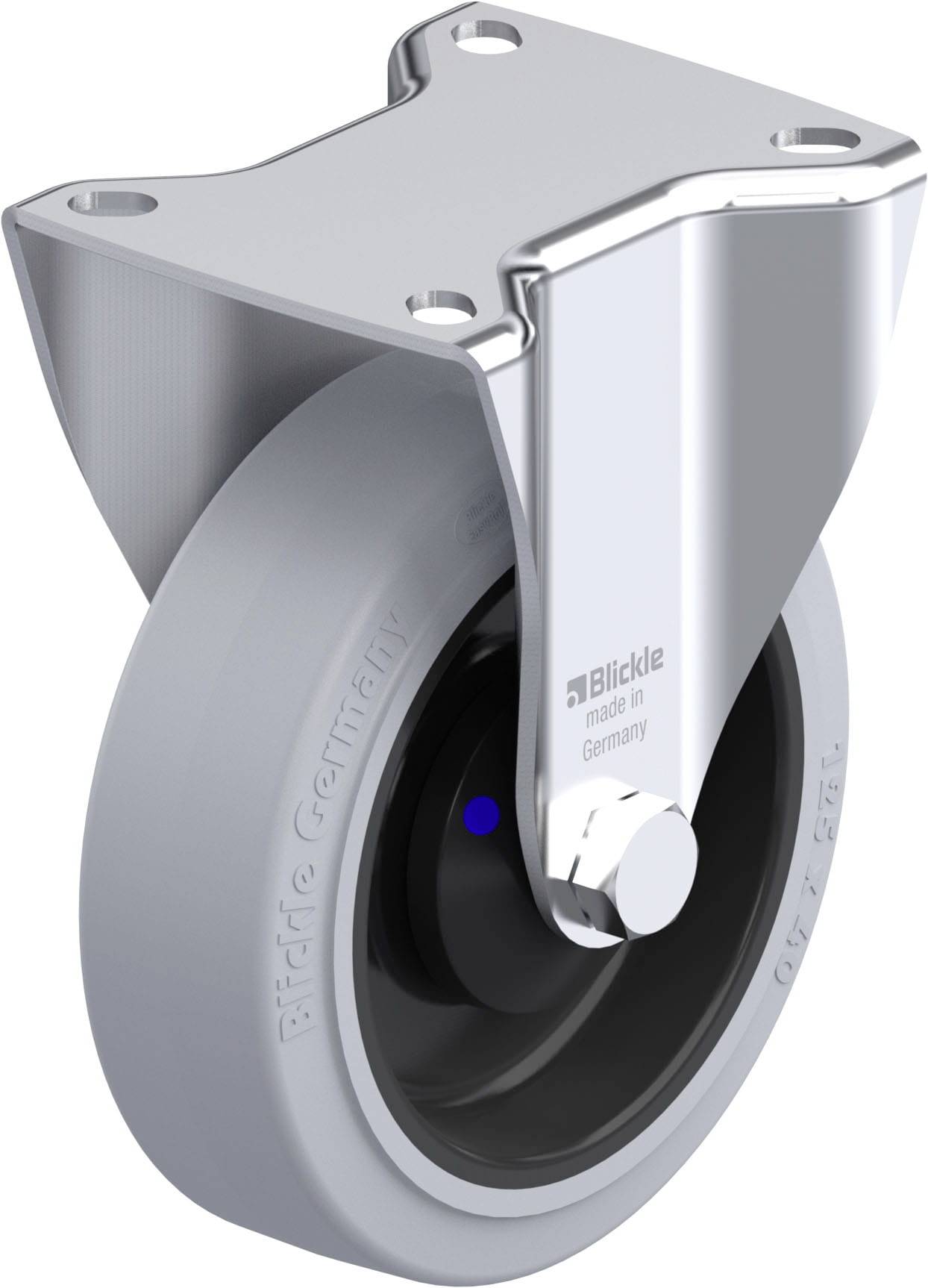 Industrie-Rollenrad mit silbernem Gehäuse und grauem Reifen, zur Befestigung an Geräten oder Möbeln.