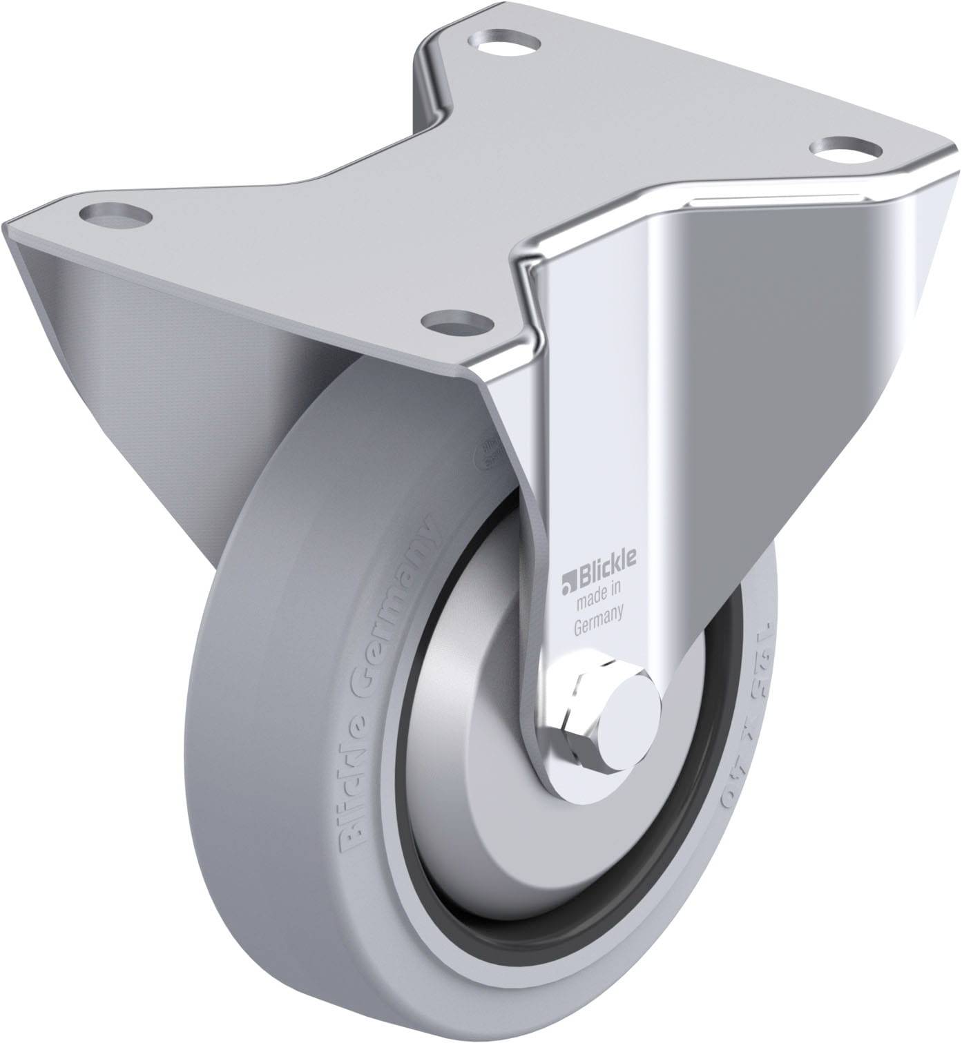Metallrolle mit grauer Gummibereifung und Halterung, geeignet für Möbel oder industrielle Anwendungen, Blickle-Logo sichtbar.