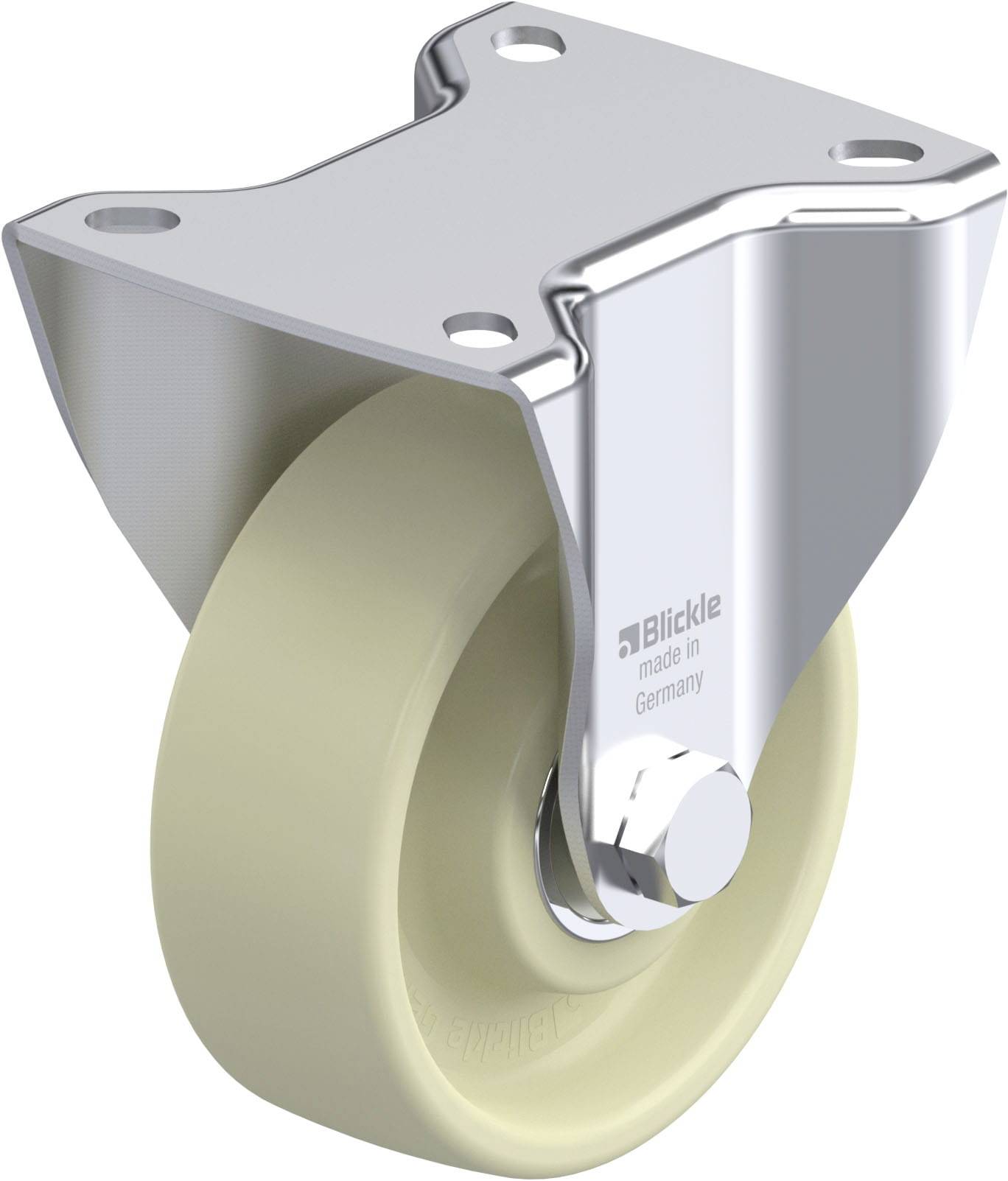 Metallrolle mit cremefarbenem Rad und Befestigungsplatte. Aufdruck 'Blickle made in Germany'. Geeignet für Möbel oder Geräte.