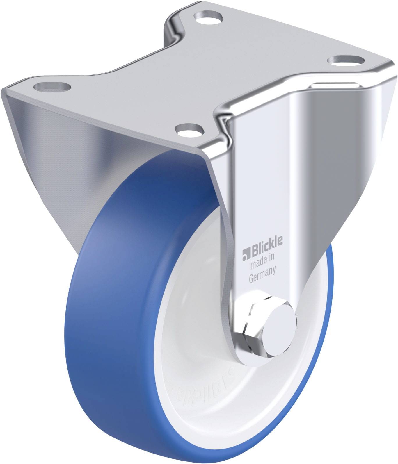 Eine blaue Lenkrolle aus Metall und Kunststoff mit einer Halterung für Befestigung, hergestellt in Deutschland von Blickle.