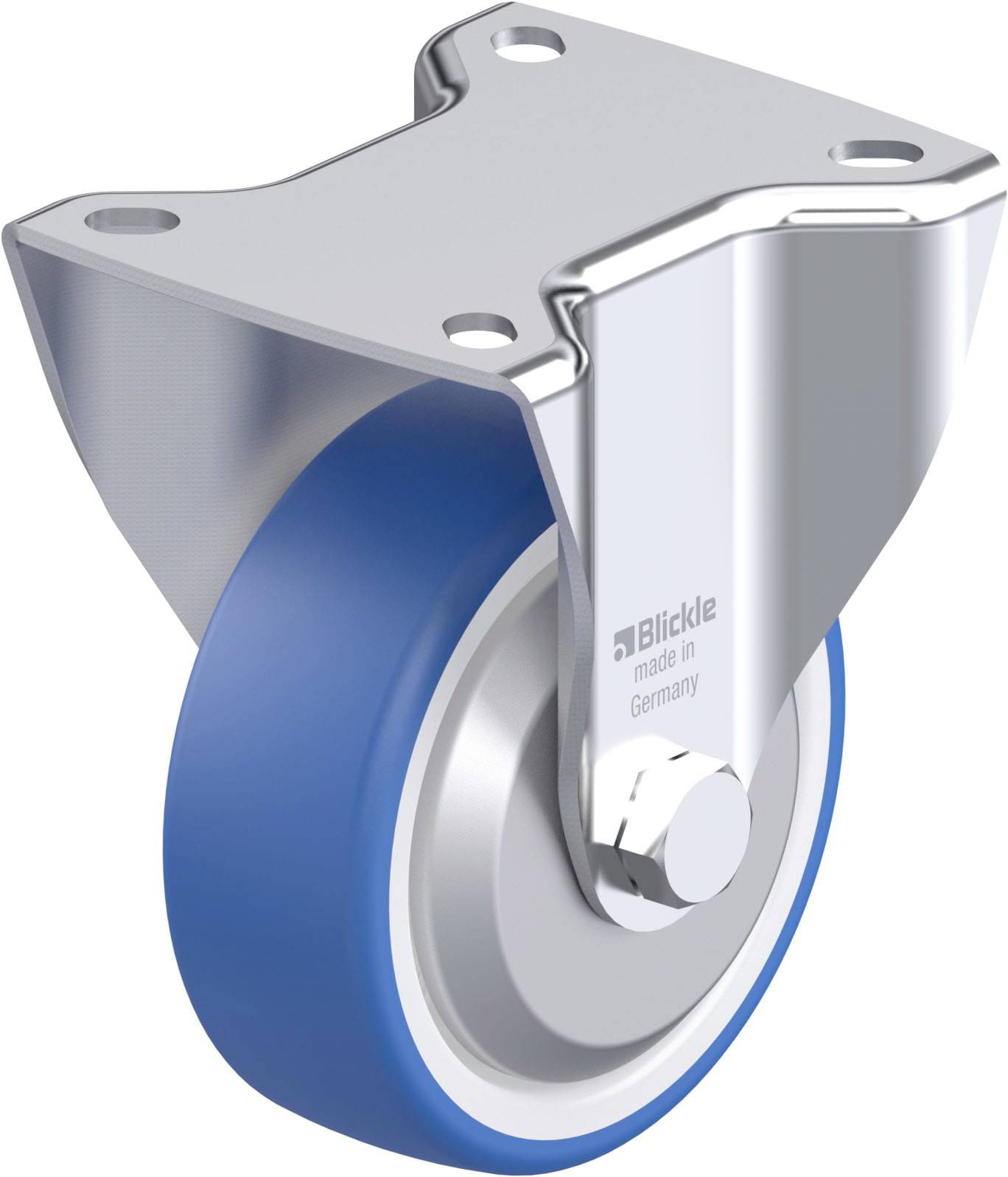 Industrie-Rolle mit blauem Rad, Metallhalterung und Aufschrift 'made in Germany'. Ideal für schwere Lasten und bewegliche Anwendungen.