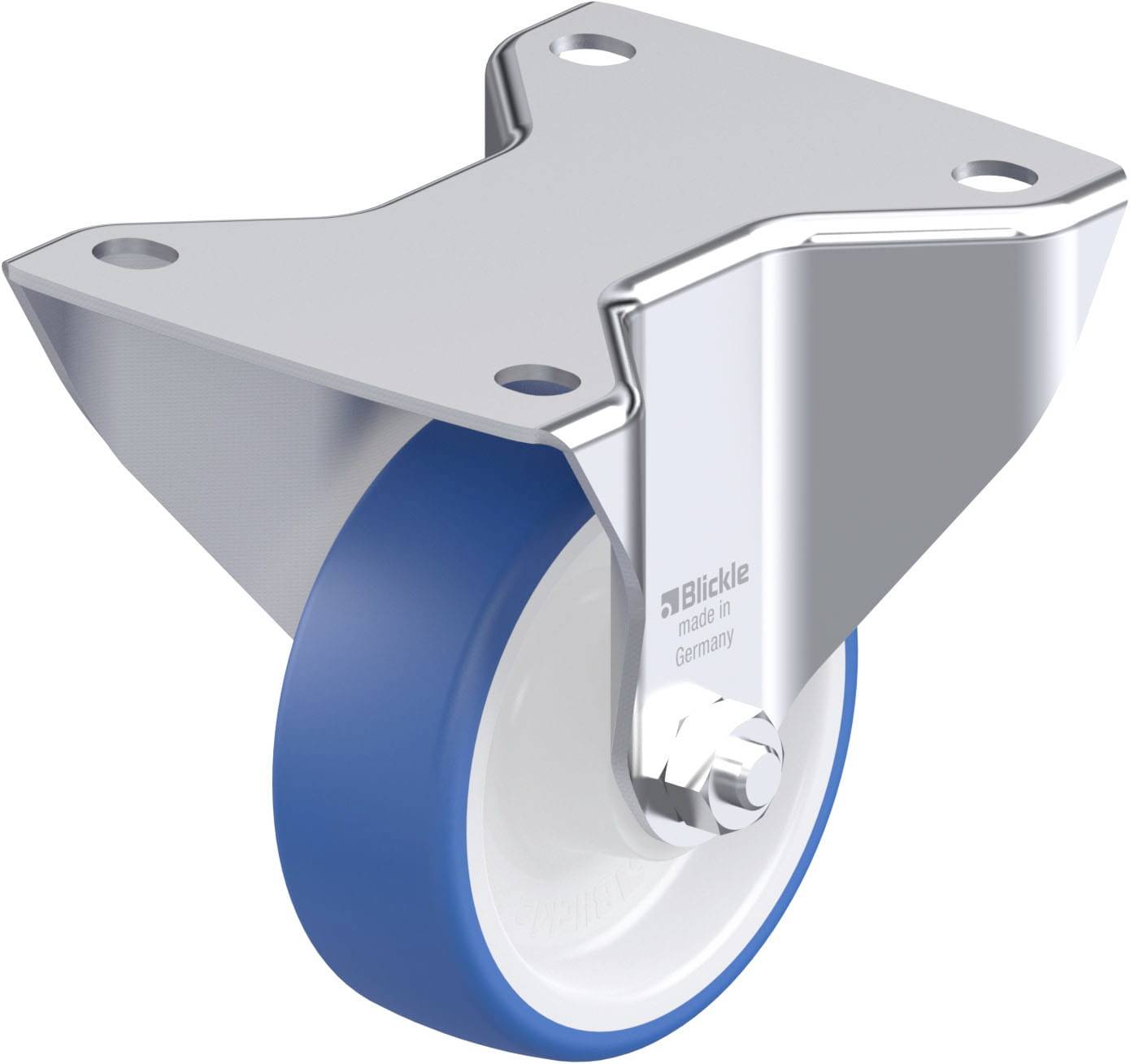 Metalllenkrolle mit blauer Gummiradreifen; robuste Bauweise, geeignet für verschiedene Oberflächen. Markiert mit 'Blickle made in Germany'.