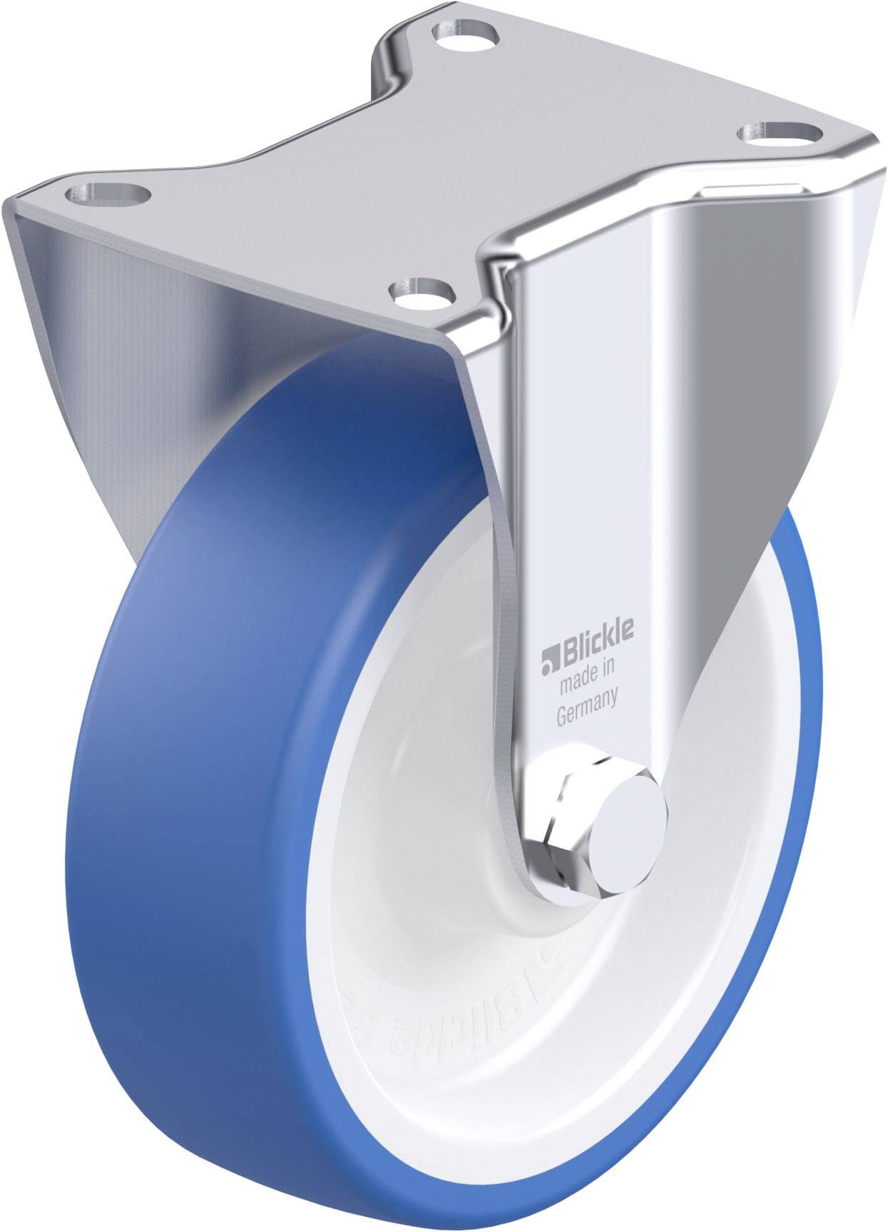 Schwenkrolle aus Metall mit blauem Rad, geeignet für Möbel oder Geräte. Hergestellt in Deutschland, stabil und vielseitig einsetzbar.