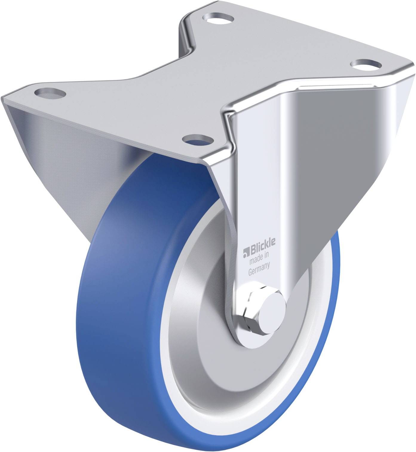 Ein einzelnes blaues Rad mit Metallhalterung, vermutlich ein Lenkrollenrad, für die Mobilität von Möbeln oder Geräten.