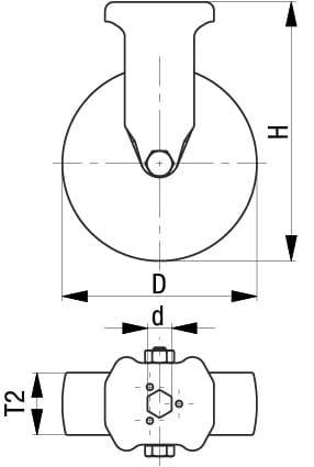 Technische Zeichnung eines Kugelhahns mit Maßen. Zeigt Draufsicht und Seitenansicht mit markierten Dimensionen D, d, T2 und H.