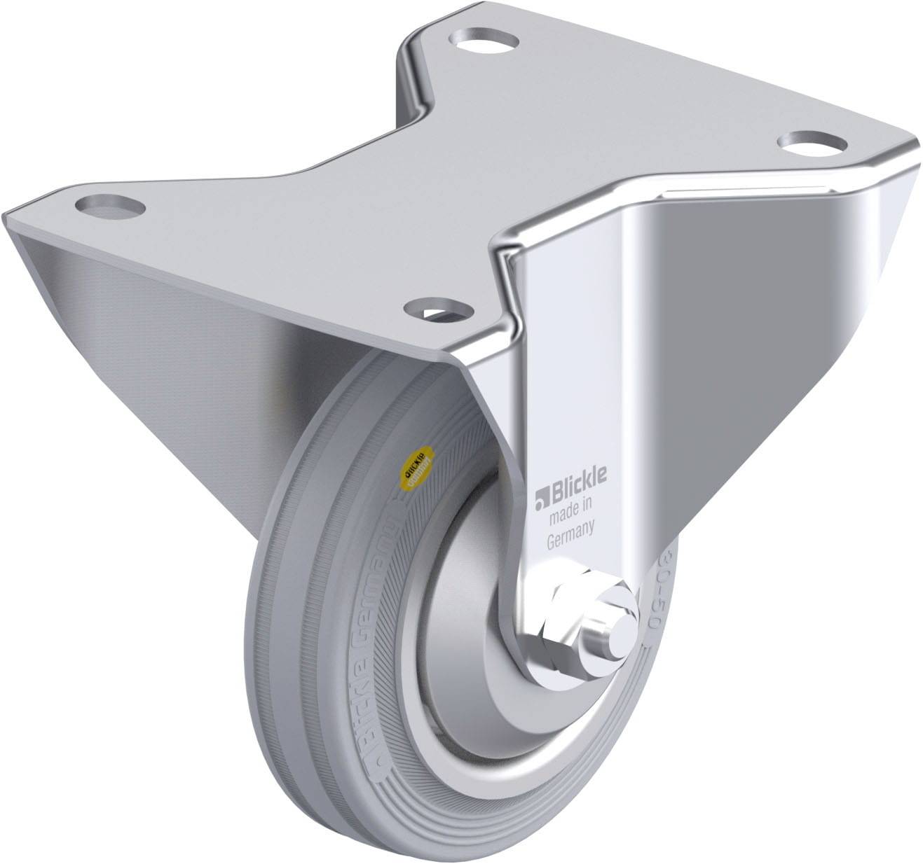 Ein silbernes Laufrollenrad mit einer stabilen Halterung aus Metall, geeignet für industrielle Anwendungen.
