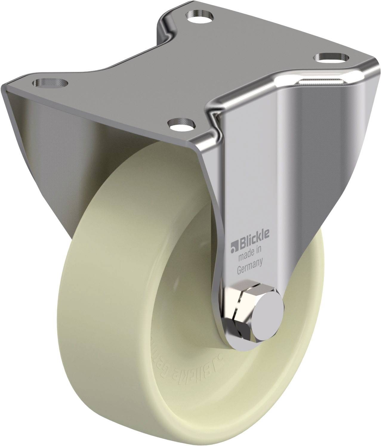 Industrie-Rollenhalterung mit beige Gummirad, Produkt von Blickle, made in Germany. Geeignet für Transportgeräte.