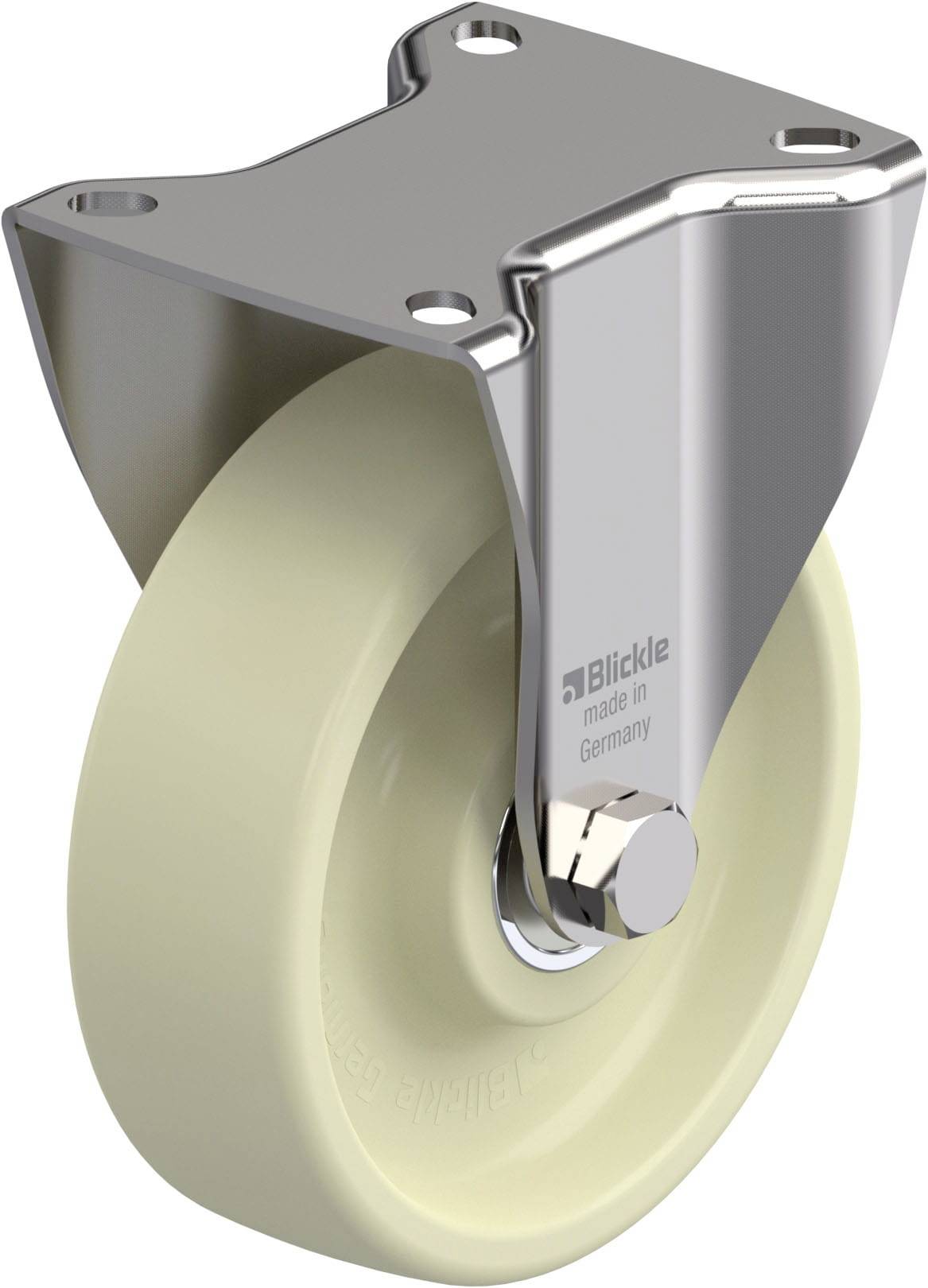 Rolle mit Metallhalterung, beige Rad, geeignet für Möbel oder Geräte. Aufschrift: 'Blickle made in Germany'.