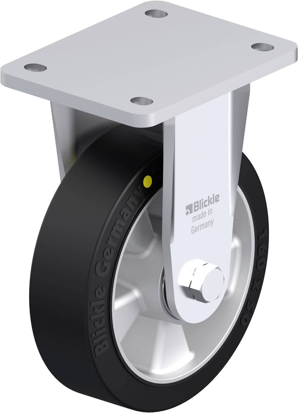 Ein starrer Industriellenkrollennrad mit Metallgehäuse und schwarzem Rad, hergestellt von der Firma Blickle in Deutschland.
