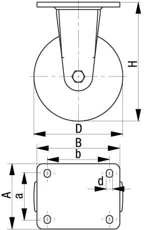 Technische Zeichnung eines Rades mit Halterung, Maßangaben A, B, D, a, b, d, H. Ansicht von oben und von der Seite.
