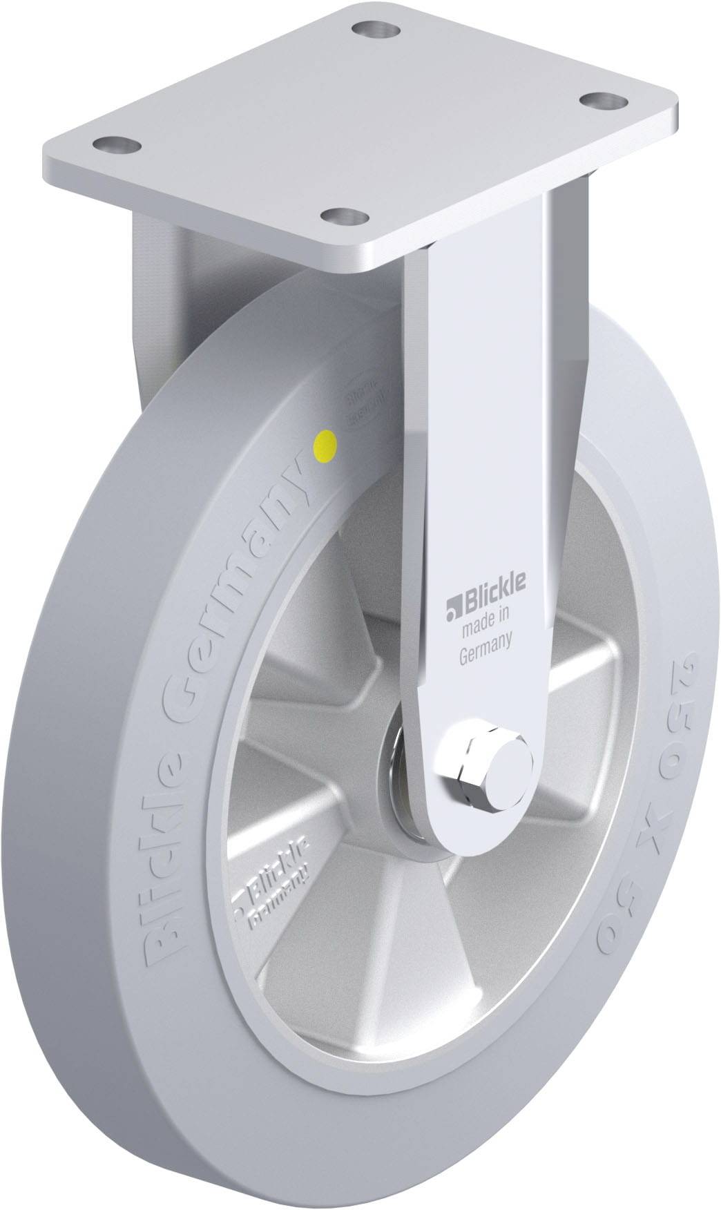 Ein graues Rad mit Halterung, verwendet zur Befestigung an Geräten. Aufdruck 'Blickle made in Germany'.