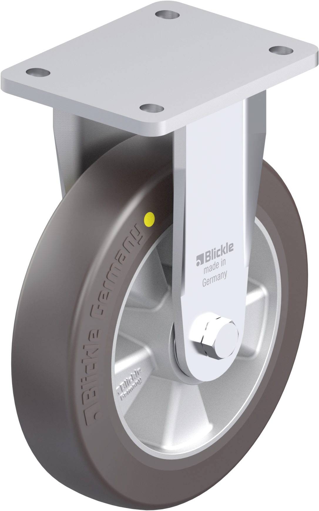 Eine graue Lenkrolle mit metallischer Halterung, darauf steht 'Blickle made in Germany'. Geeignet für schwere Lasten.